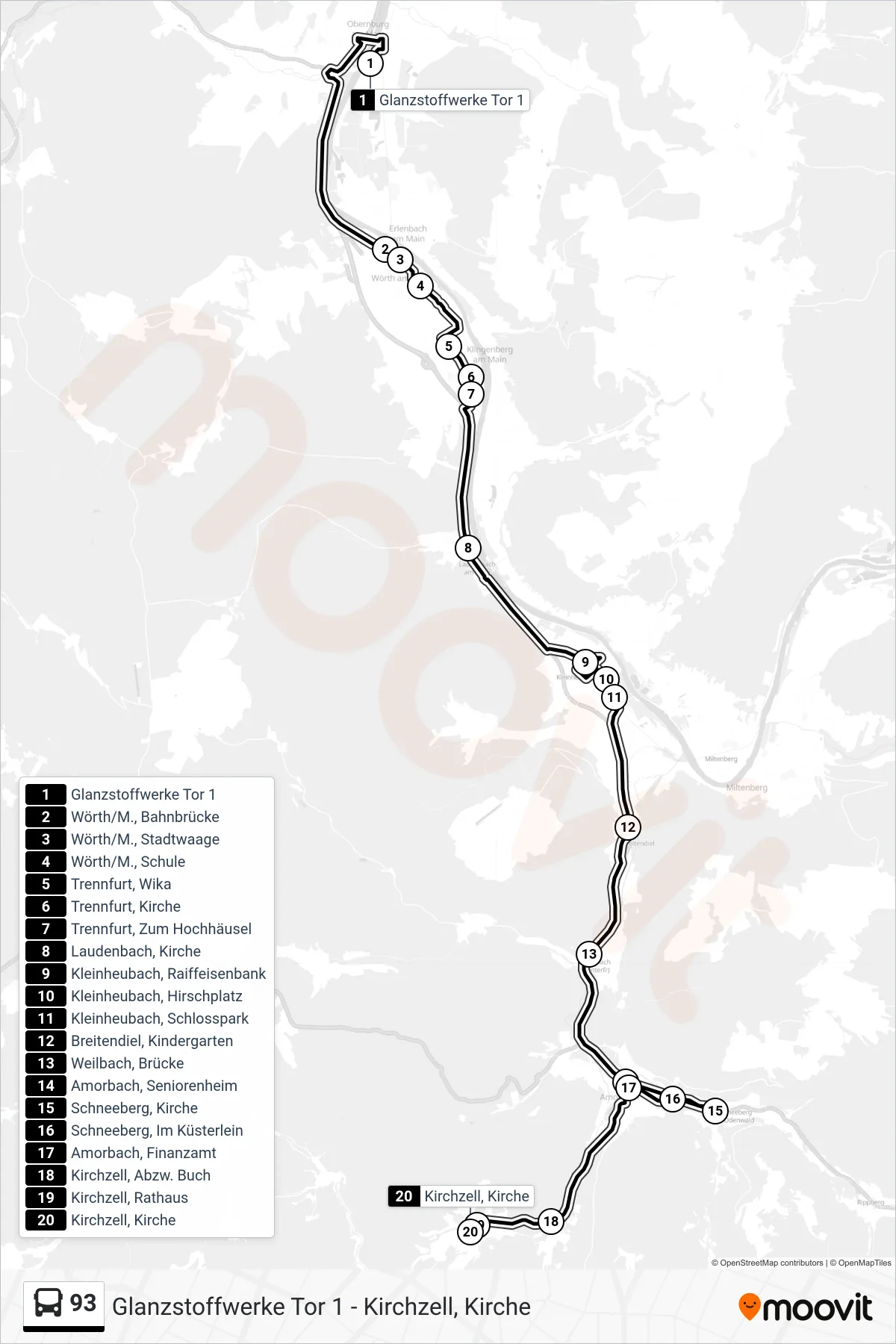 93 bus Line (Kirchzell) route and stops on a map