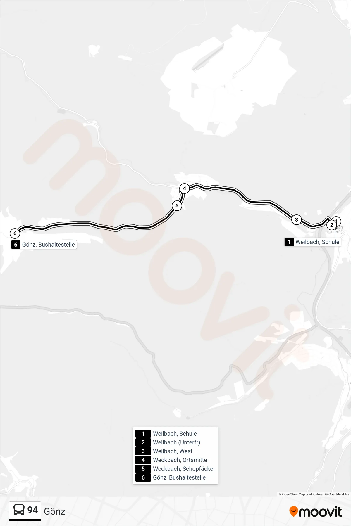 94 bus Line (Gönz) route and stops on a map