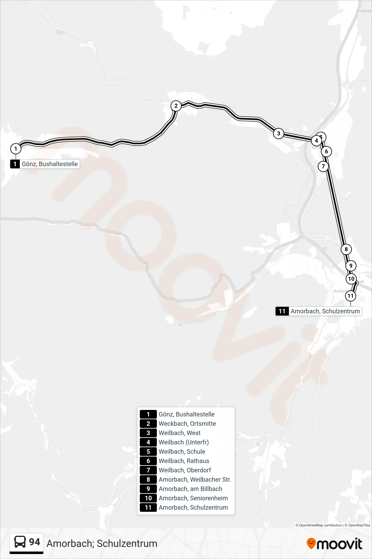 94 bus Line (Amorbach; Schulzentrum) route and stops on a map