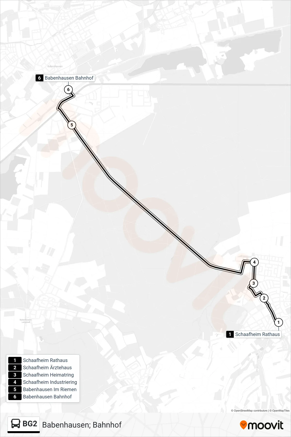 BG2 bus Line (Babenhausen; Bahnhof) route and stops on a map