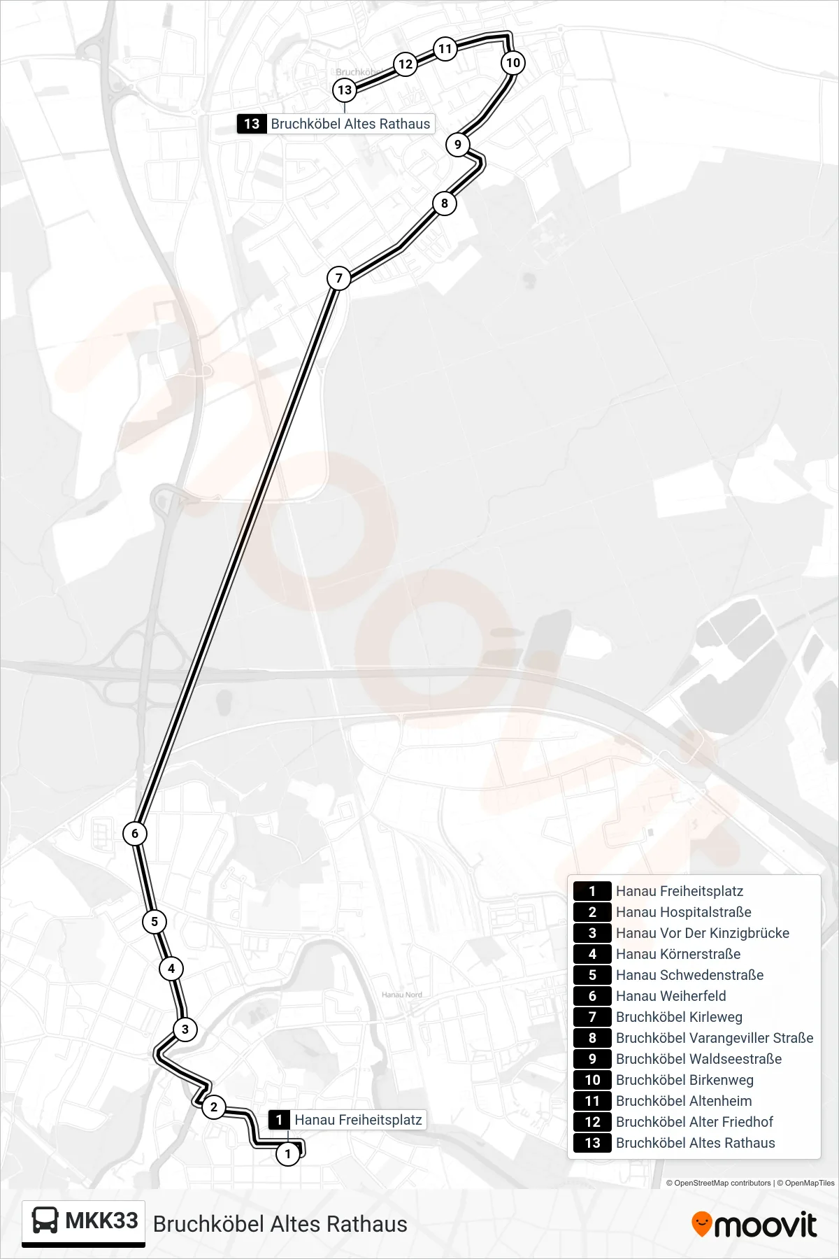 MKK33 bus Line (Bruchköbel Altes Rathaus) route and stops on a map