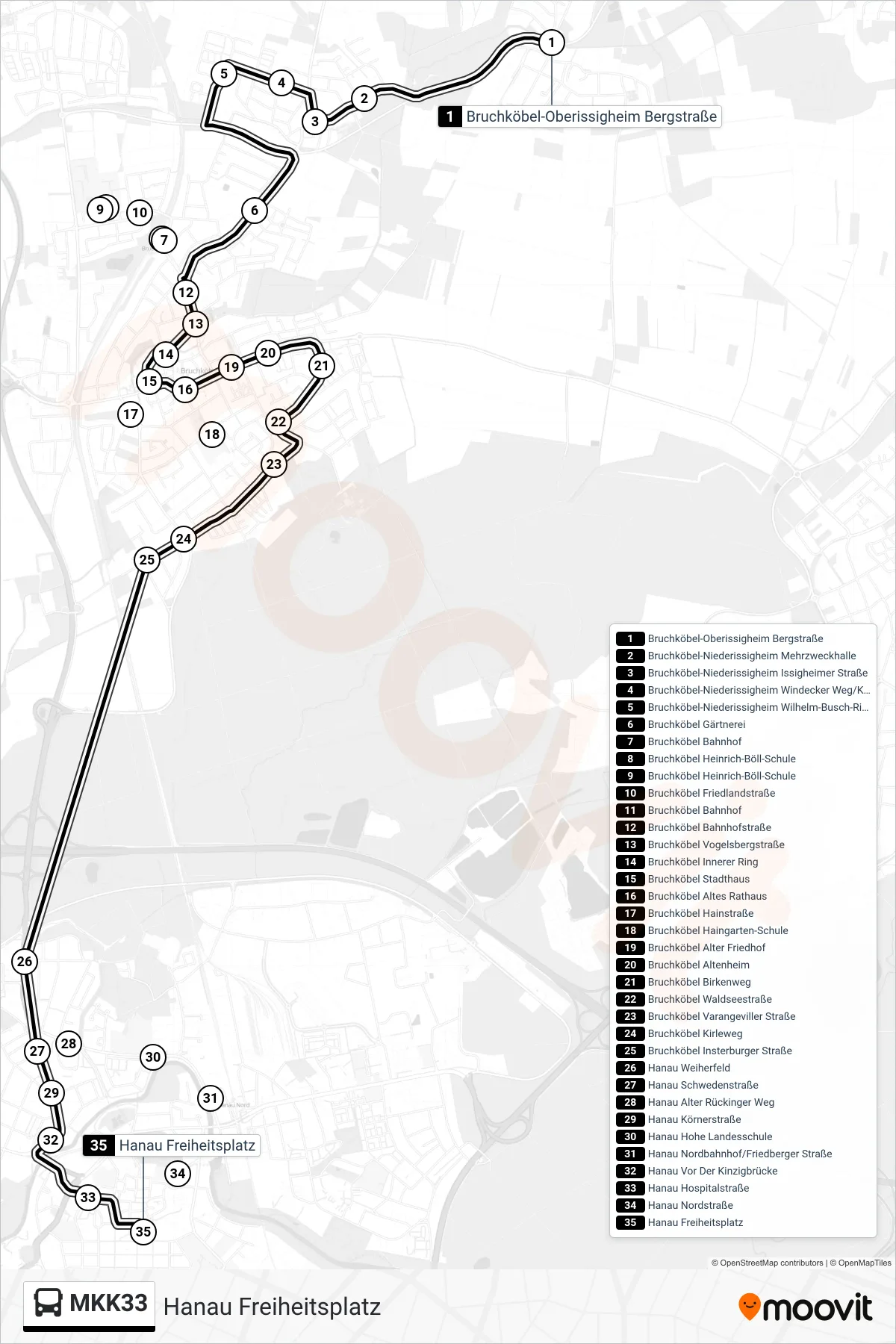 MKK33 bus Line (Hanau Freiheitsplatz) route and stops on a map