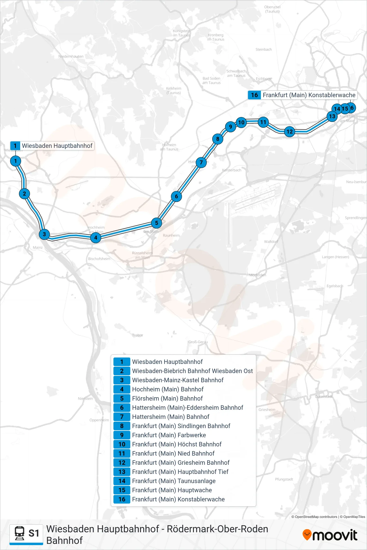 Linie S1 (Bahn) Richtung Frankfurt (Main) Konstablerwache: Route und Haltestellen auf der Karte