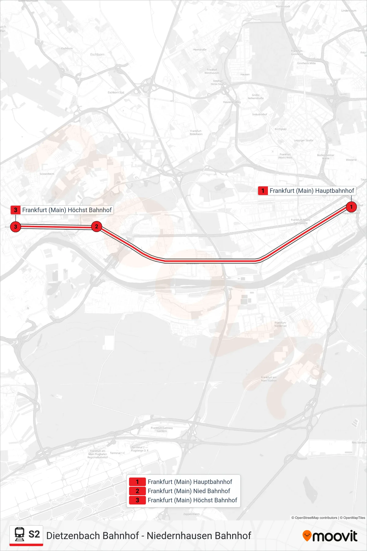 Linie S2 (Bahn) Richtung Frankfurt (Main) Höchst Bahnhof: Route und Haltestellen auf der Karte