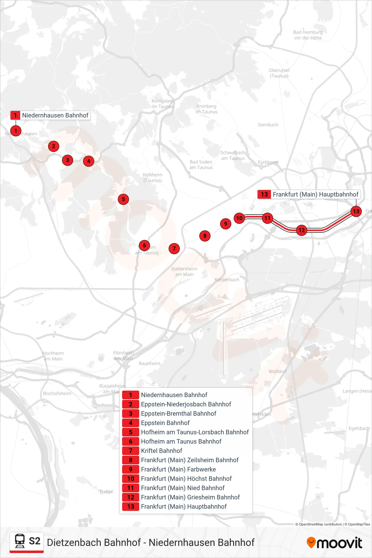 S2 train Line (Frankfurt (Main) Hauptbahnhof) route and stops on a map