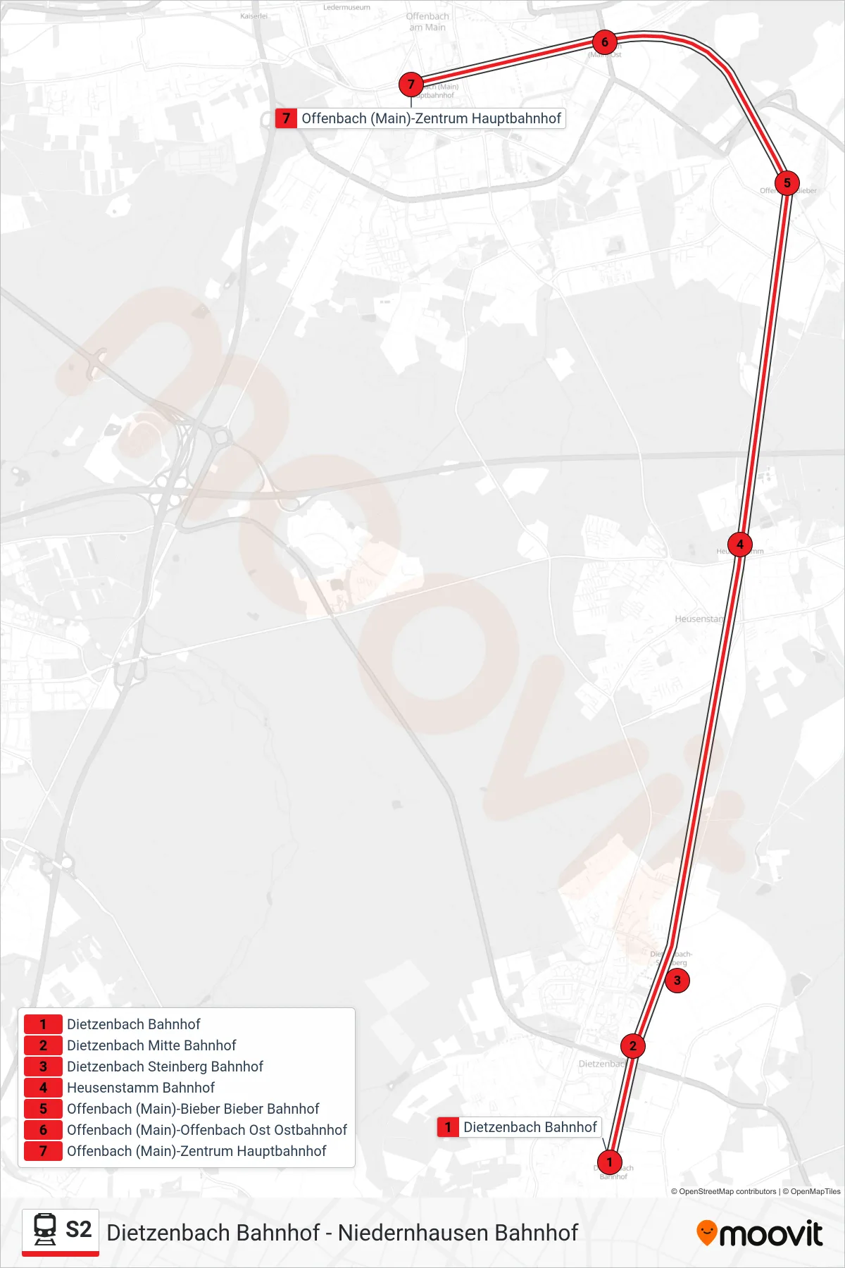 S2 train Line (Offenbach (Main)-Zentrum Hauptbahnhof) route and stops on a map