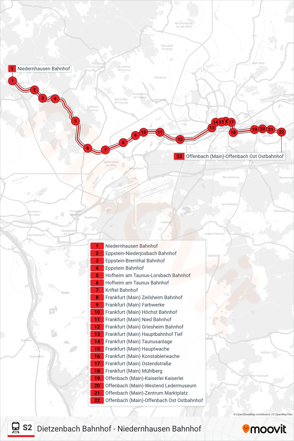 S2 rail Line (Offenbach (Main)-Offenbach Ost Ostbahnhof) route and stops on a map