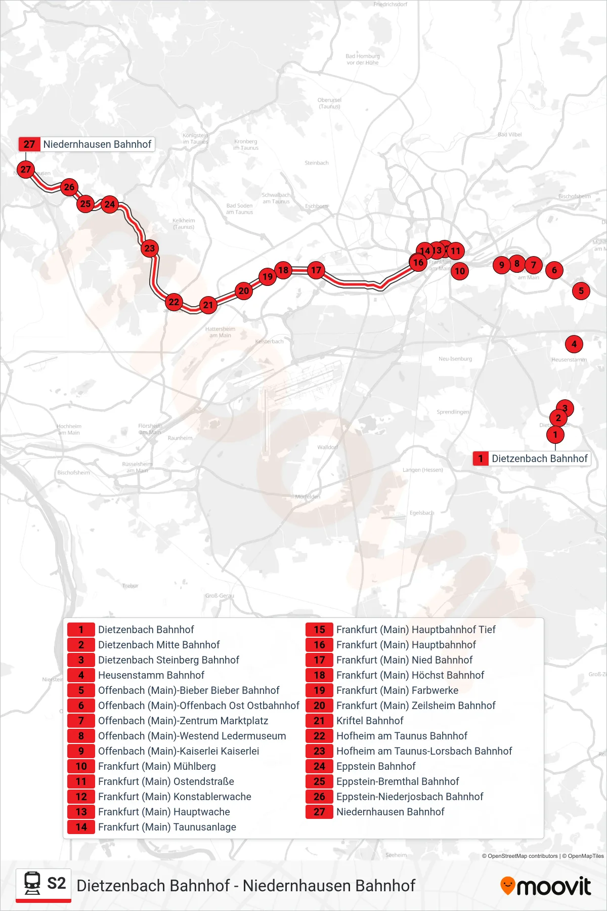 S2 train Line (Niedernhausen Bahnhof) route and stops on a map