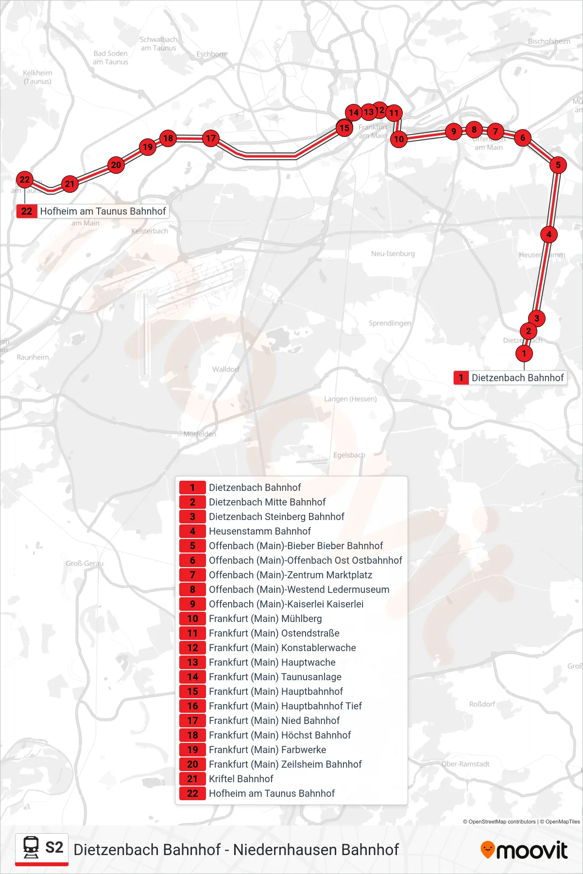 S2 train Line (Hofheim am Taunus Bahnhof) route and stops on a map
