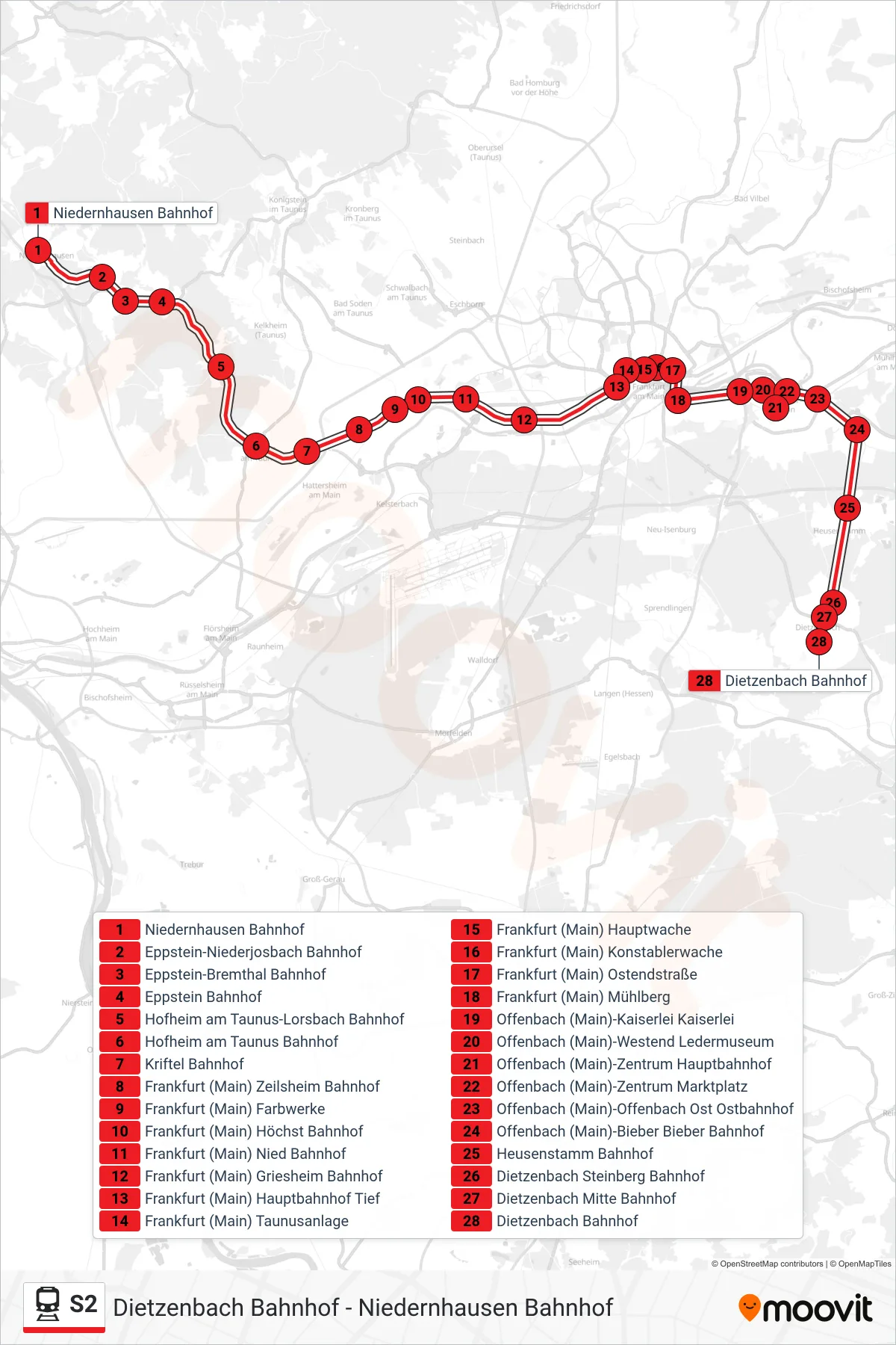 S2 train Line (Dietzenbach Bahnhof) route and stops on a map