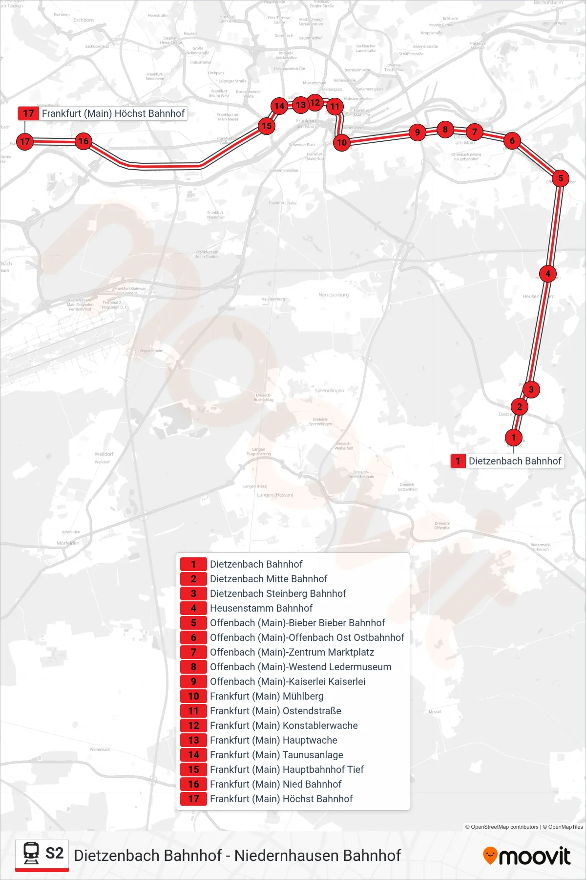 S2 rail Line (Frankfurt (Main) Höchst Bahnhof) route and stops on a map