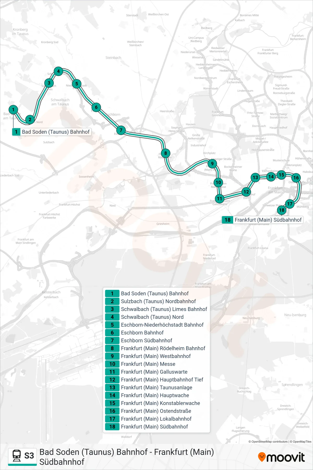 S3 train Line (Frankfurt (Main) Südbahnhof) route and stops on a map