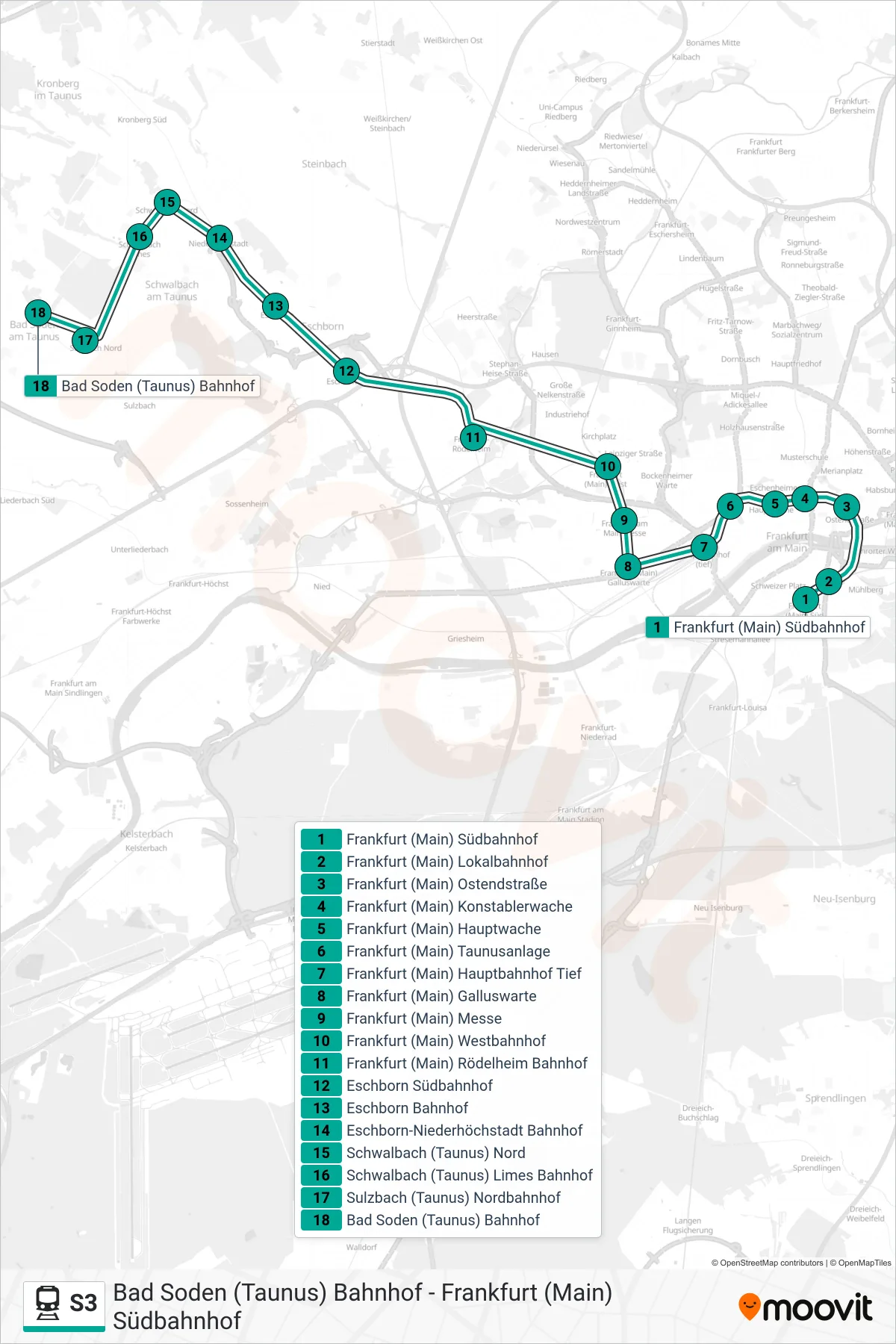S3 train Line (Bad Soden (Taunus) Bahnhof) route and stops on a map