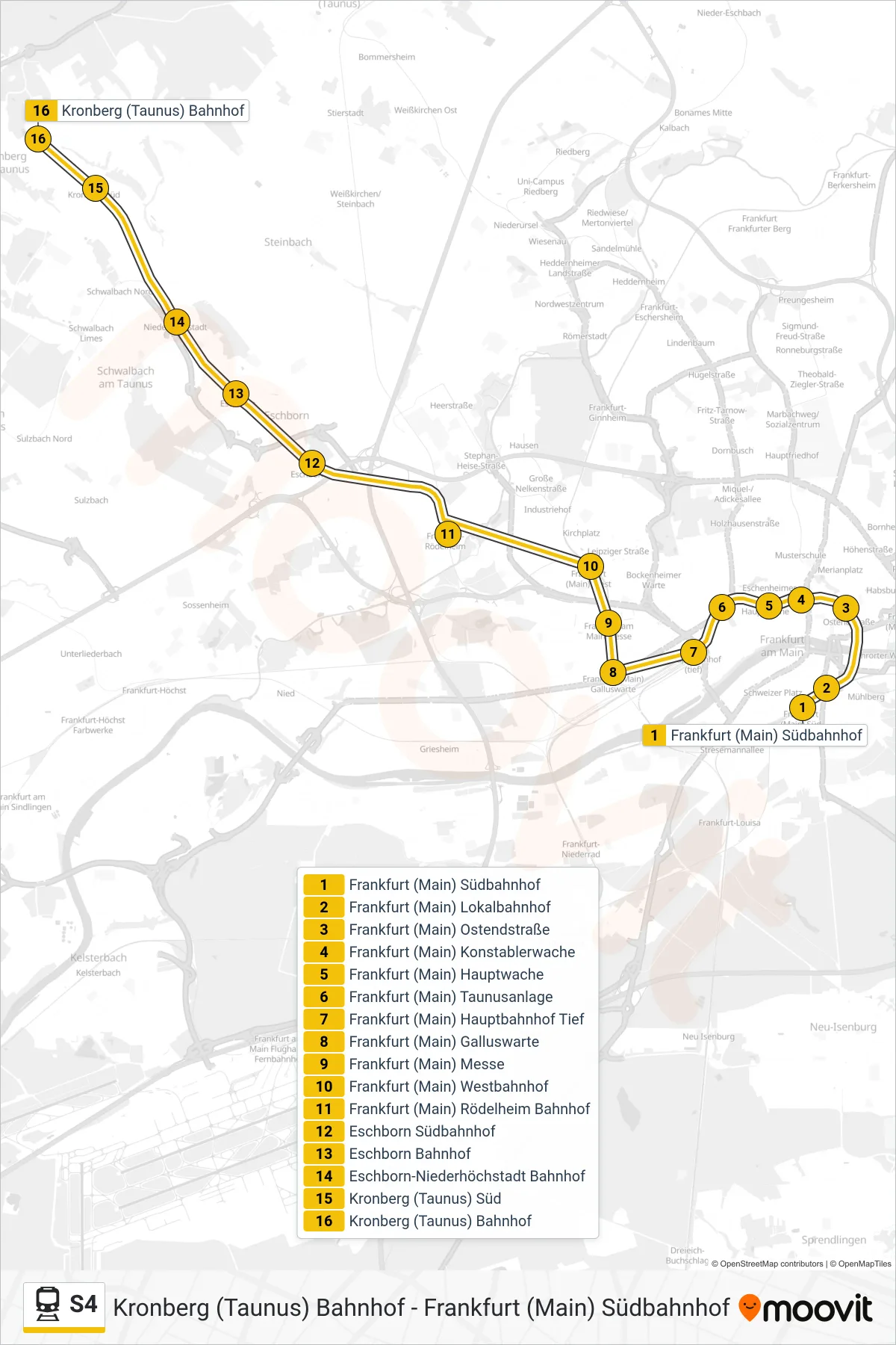 S4 train Line (Kronberg (Taunus) Bahnhof) route and stops on a map