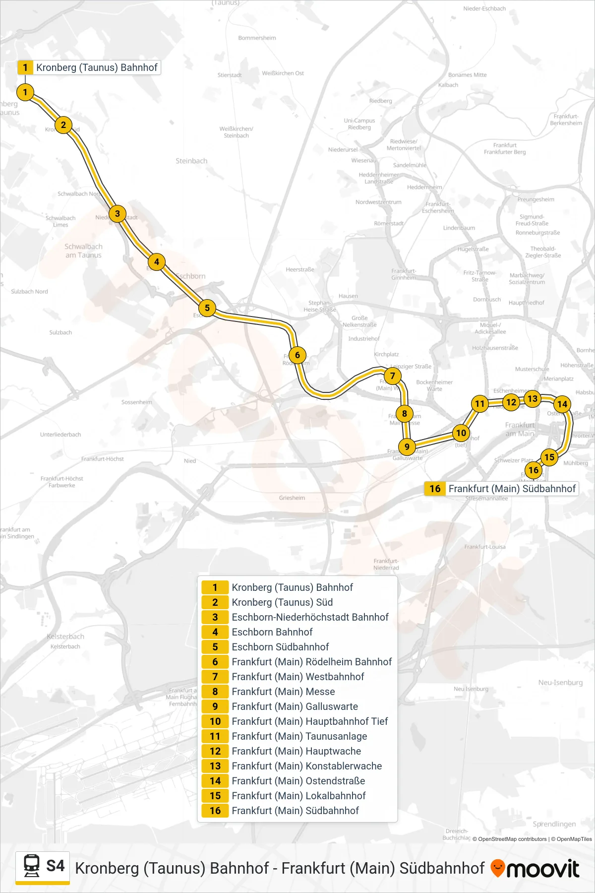 Linie S4 (Bahn) Richtung Frankfurt (Main) Südbahnhof: Route und Haltestellen auf der Karte