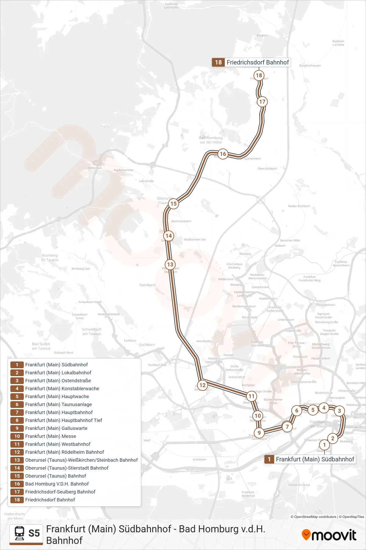 S5 rail Line (Friedrichsdorf Bahnhof) route and stops on a map