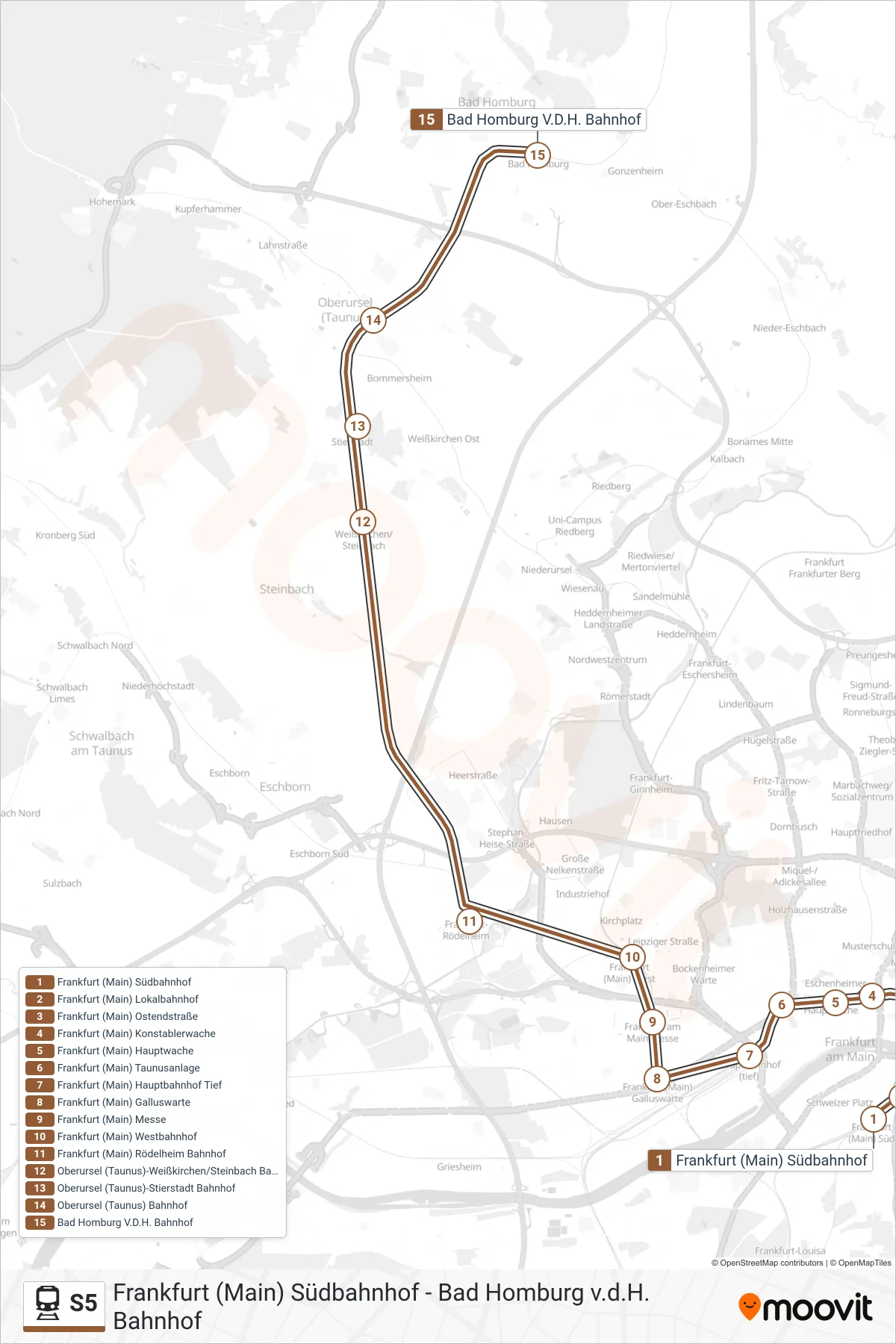 S5 rail Line (Bad Homburg V.D.H. Bahnhof) route and stops on a map