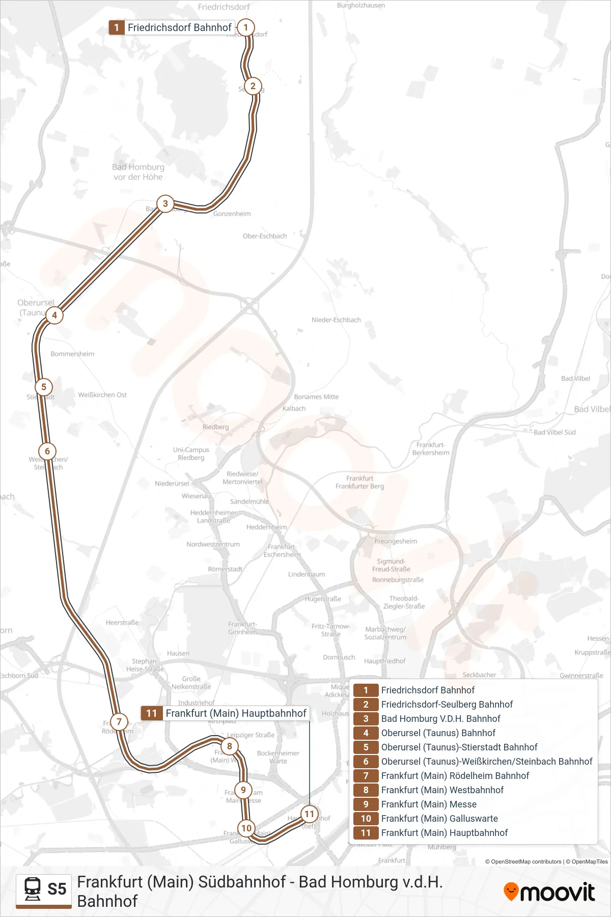 Linie S5 (Bahn) Richtung Frankfurt (Main) Hauptbahnhof: Route und Haltestellen auf der Karte