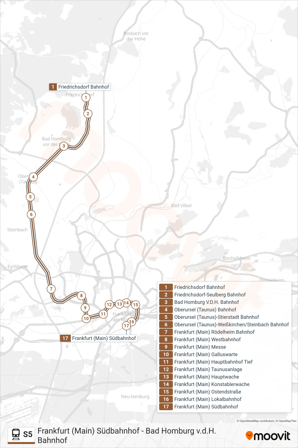 S5 train Line (Frankfurt (Main) Südbahnhof) route and stops on a map