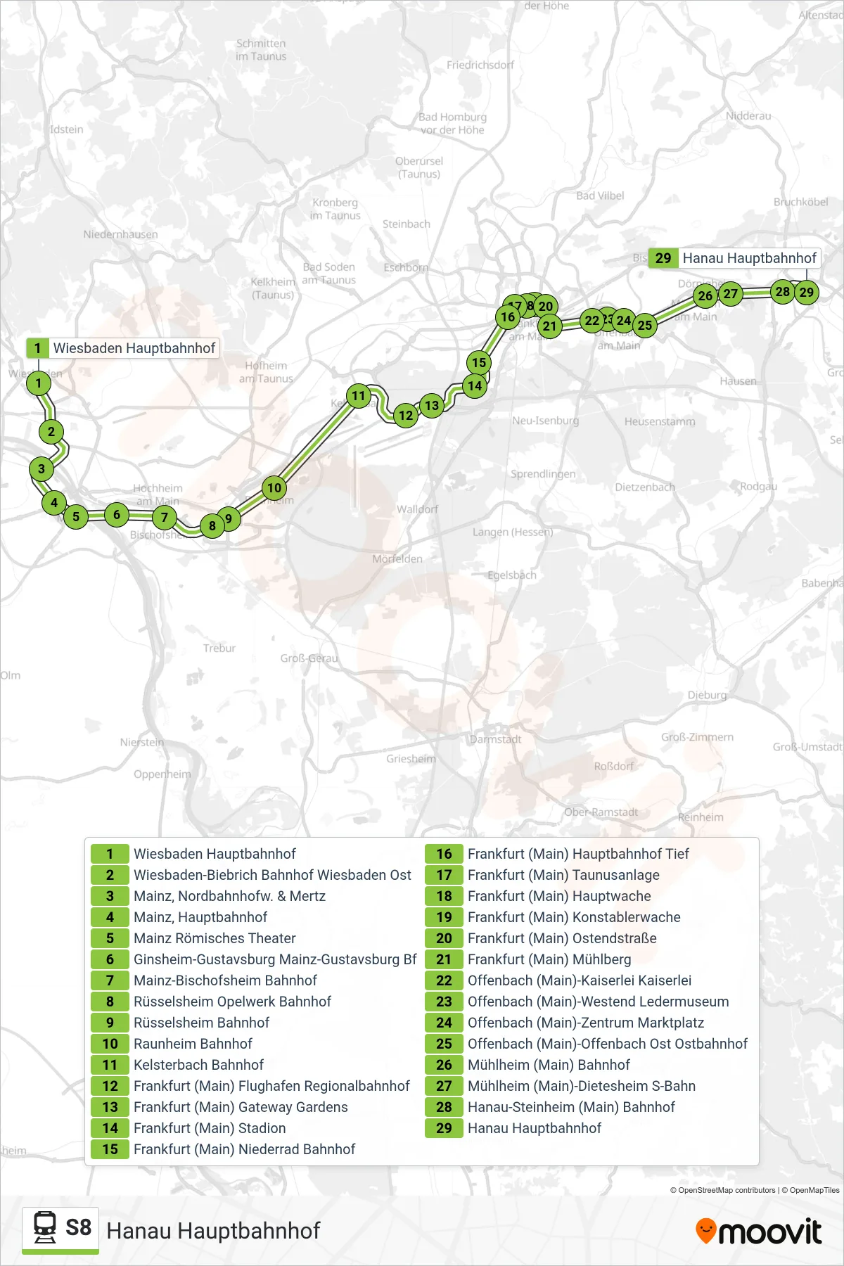 Linie S8 (Bahn) Richtung Hanau Hauptbahnhof: Route und Haltestellen auf der Karte