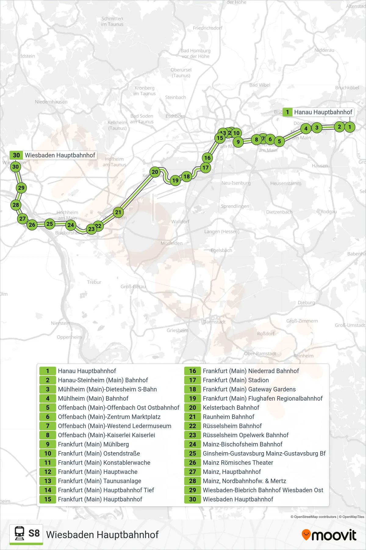 S8 rail Line (Wiesbaden Hauptbahnhof) route and stops on a map