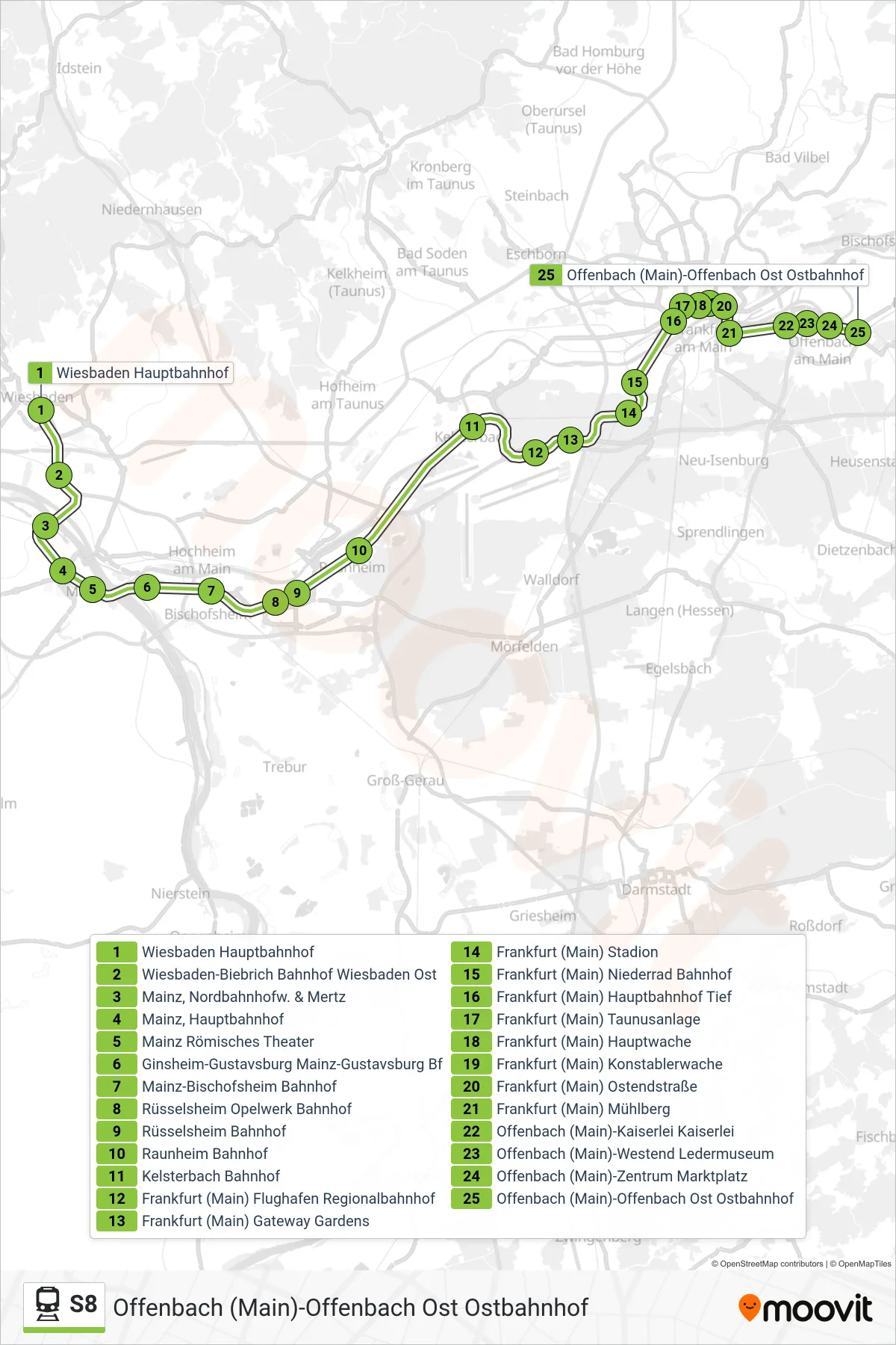 S8 rail Line (Offenbach (Main)-Offenbach Ost Ostbahnhof) route and stops on a map