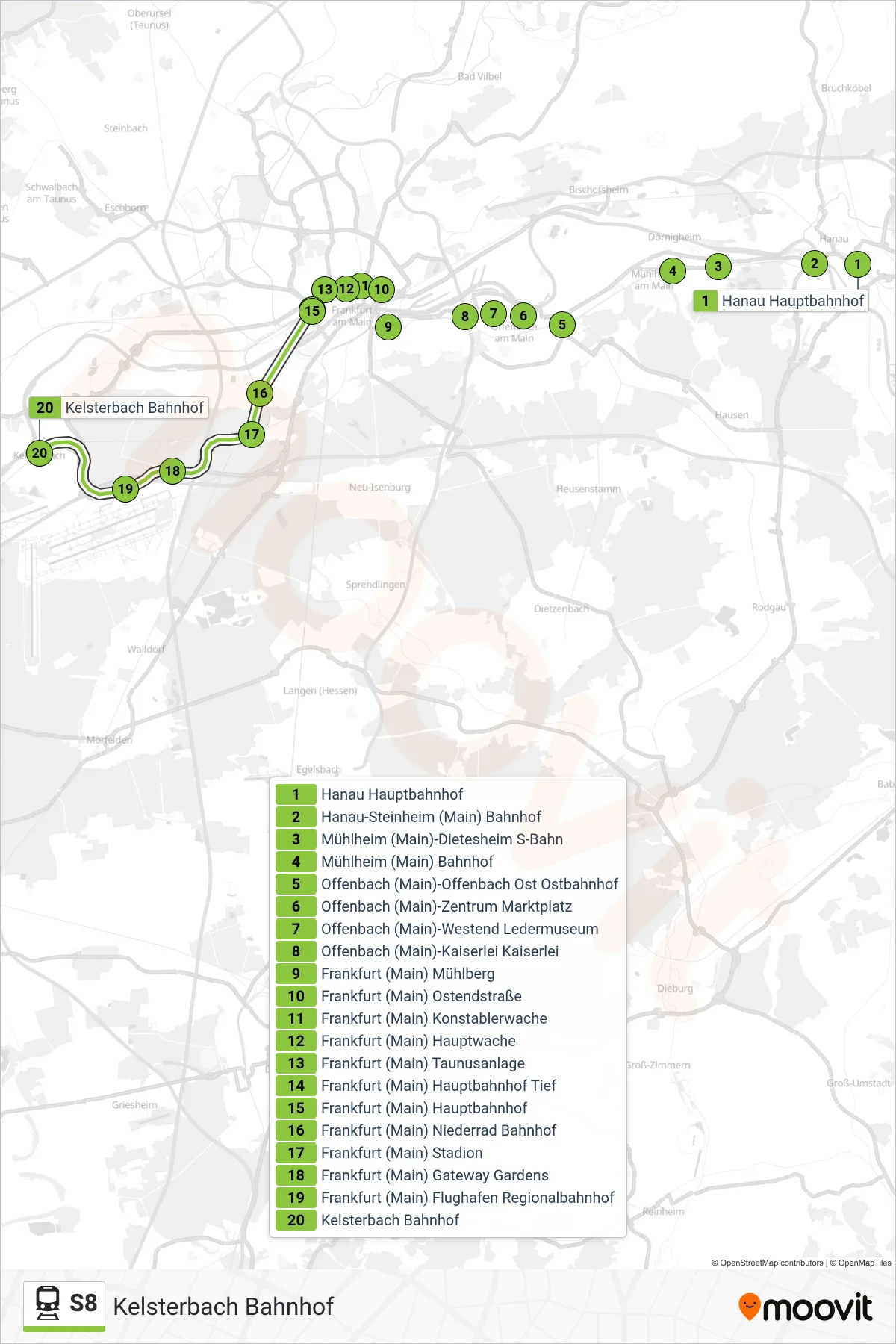 Linie S8 (Bahn) Richtung Kelsterbach Bahnhof: Route und Haltestellen auf der Karte