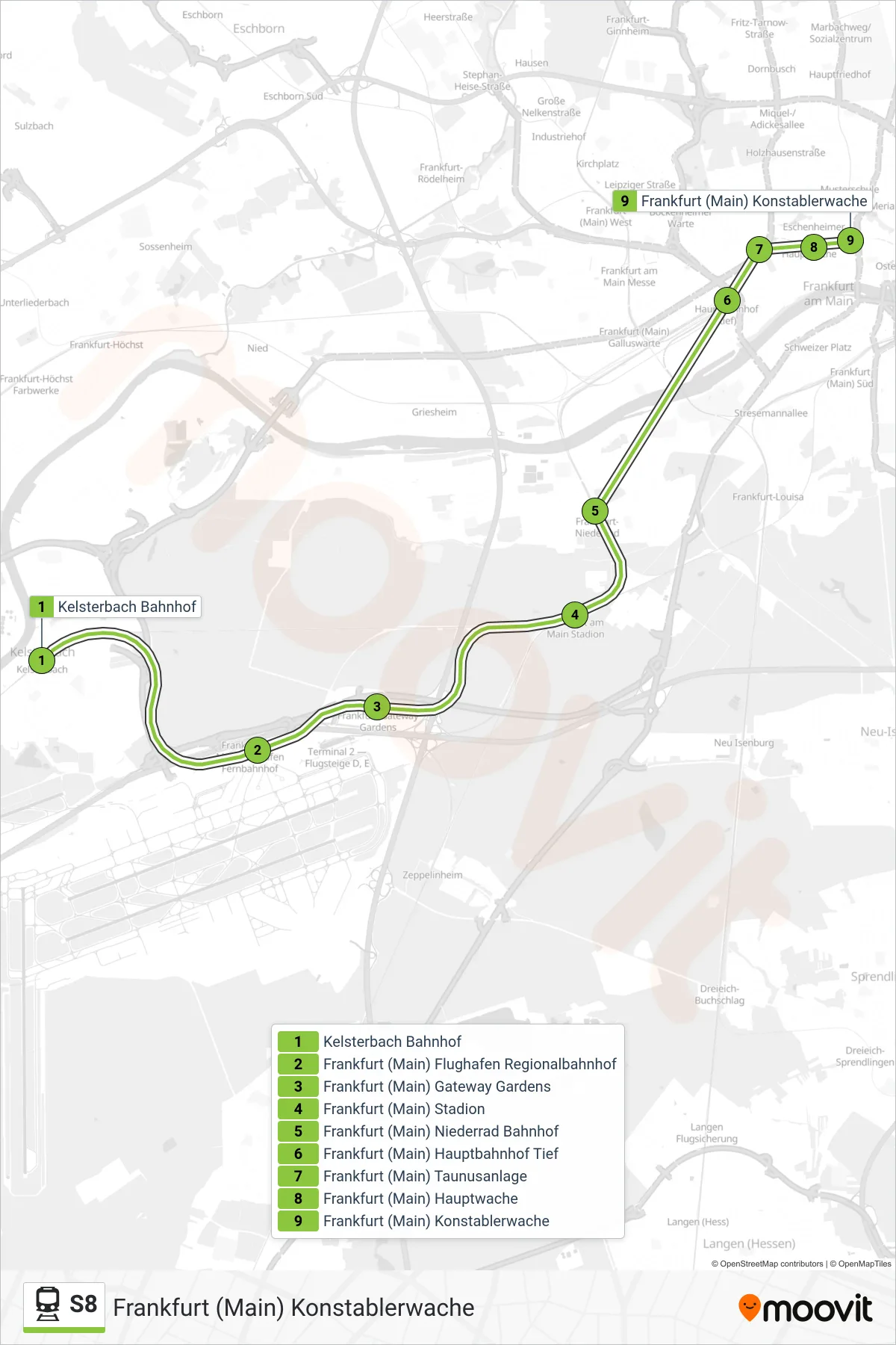 Linie S8 (Bahn) Richtung Frankfurt (Main) Konstablerwache: Route und Haltestellen auf der Karte