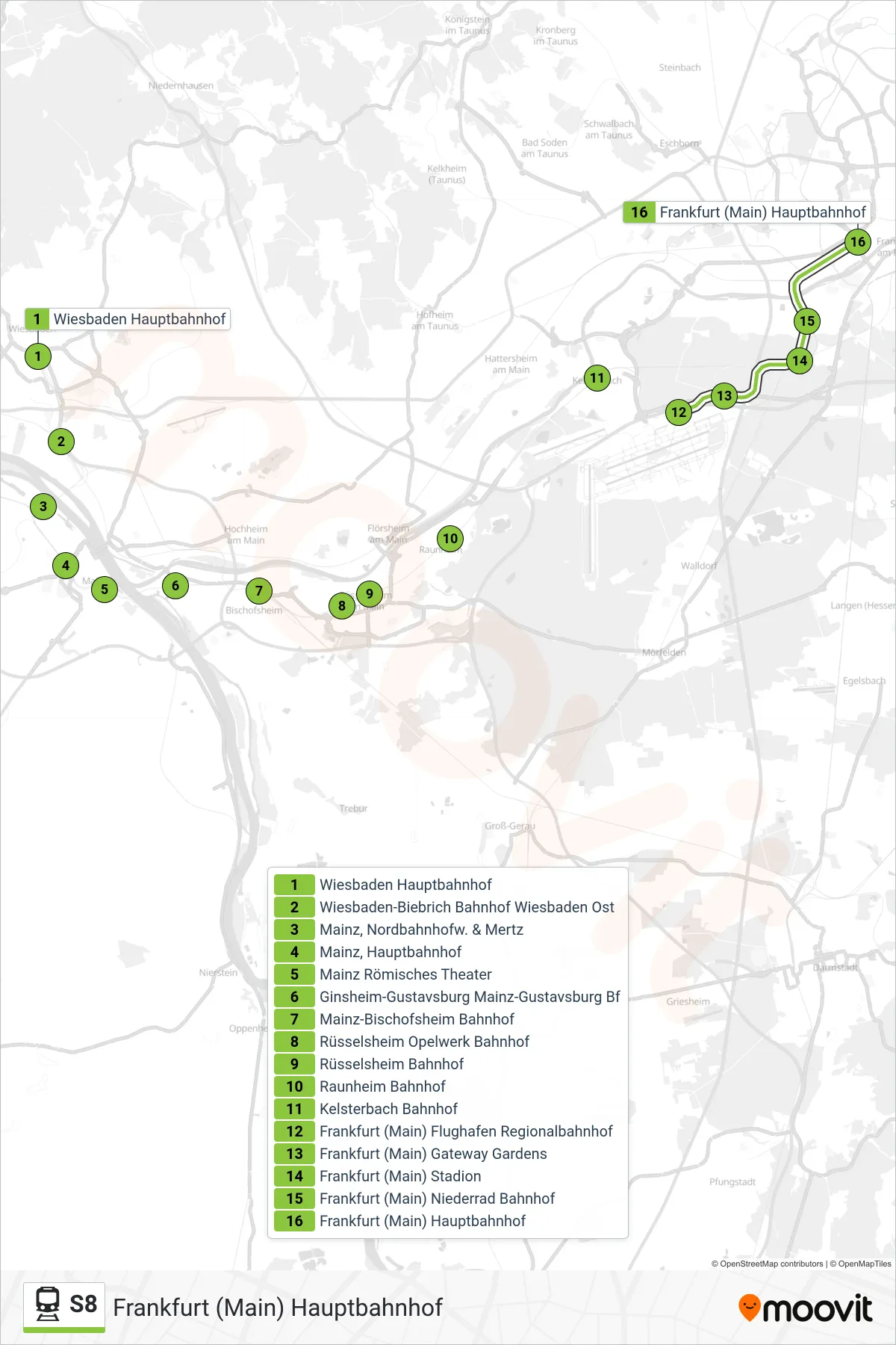S8 train Line (Frankfurt (Main) Hauptbahnhof) route and stops on a map