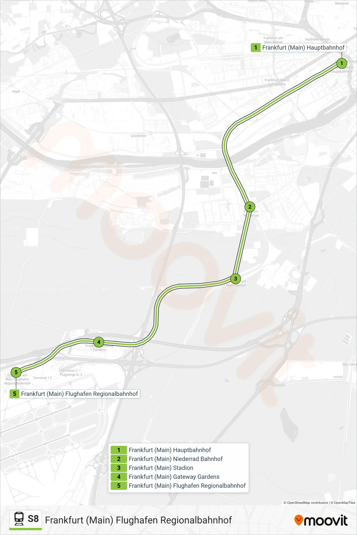 S8 train Line (Frankfurt (Main) Flughafen Regionalbahnhof) route and stops on a map
