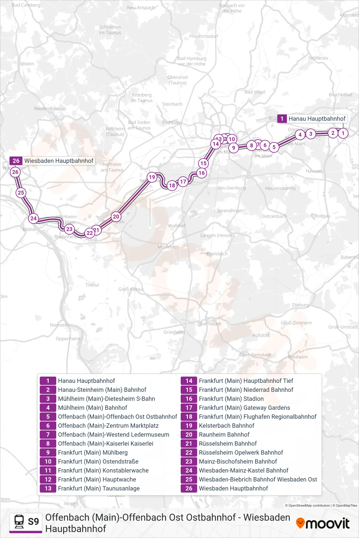 S9 train Line (Wiesbaden Hauptbahnhof) route and stops on a map