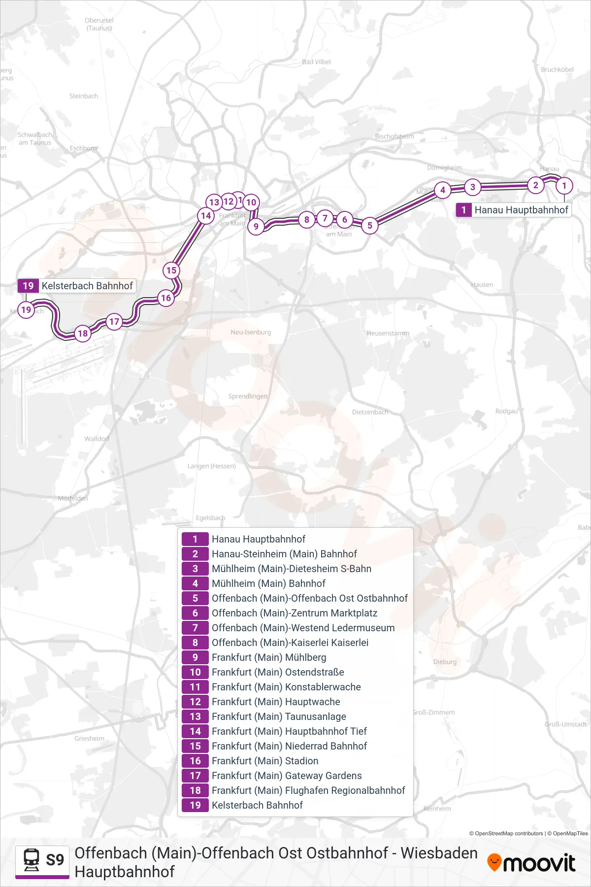 Linie S9 (Bahn) Richtung Kelsterbach Bahnhof: Route und Haltestellen auf der Karte