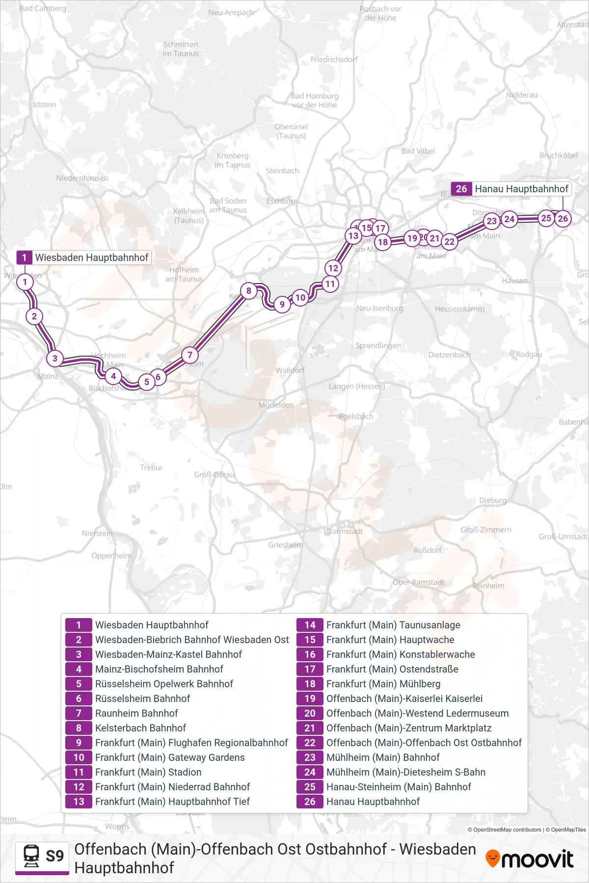 S9 train Line (Hanau Hauptbahnhof) route and stops on a map