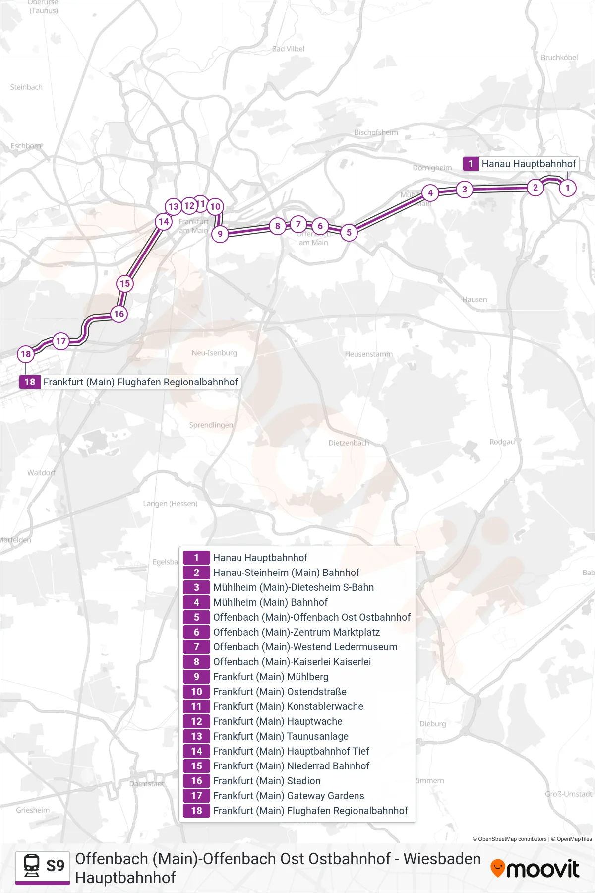 S9 train Line (Frankfurt (Main) Flughafen Regionalbahnhof) route and stops on a map