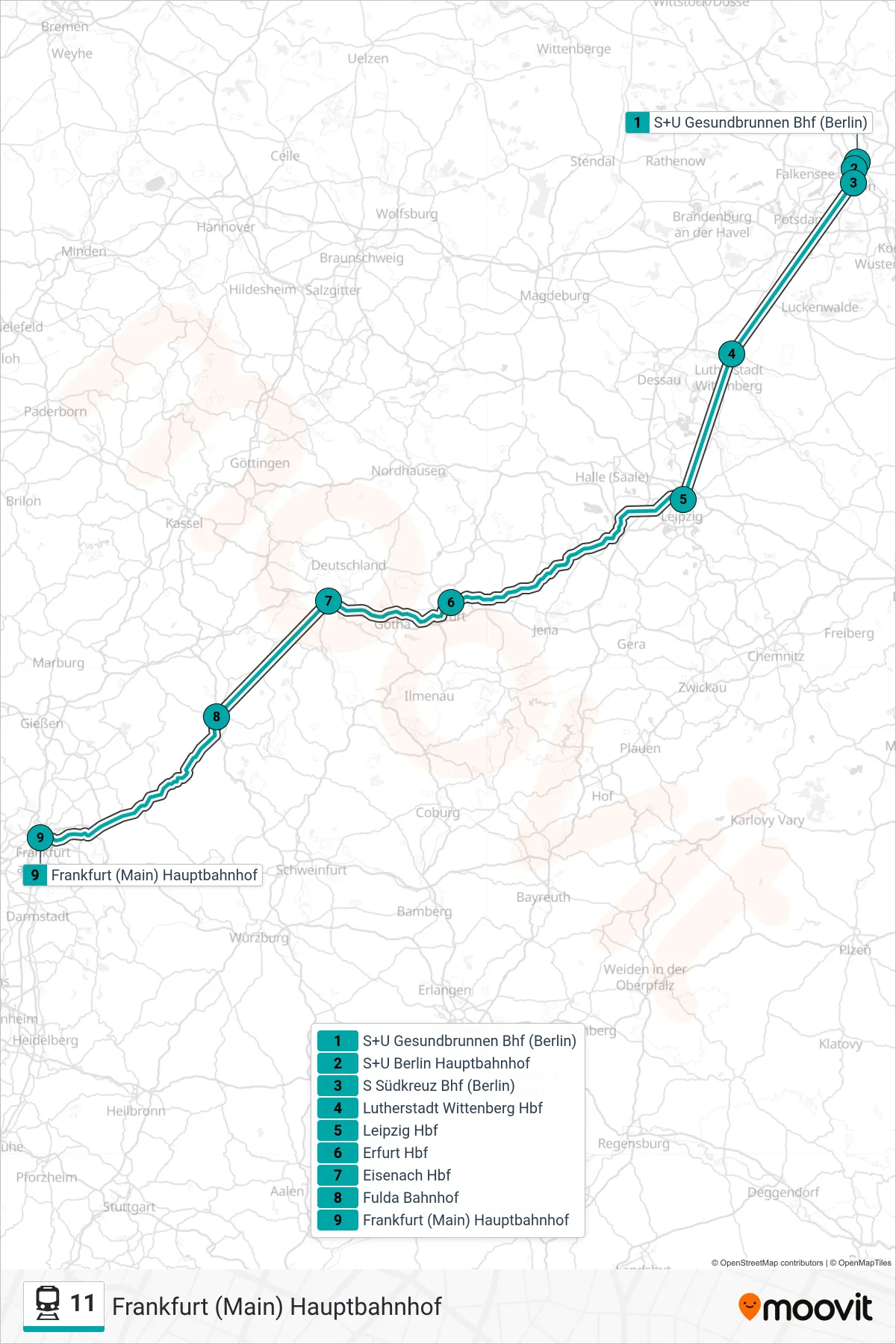 11 train Line (Frankfurt (Main) Hauptbahnhof) route and stops on a map
