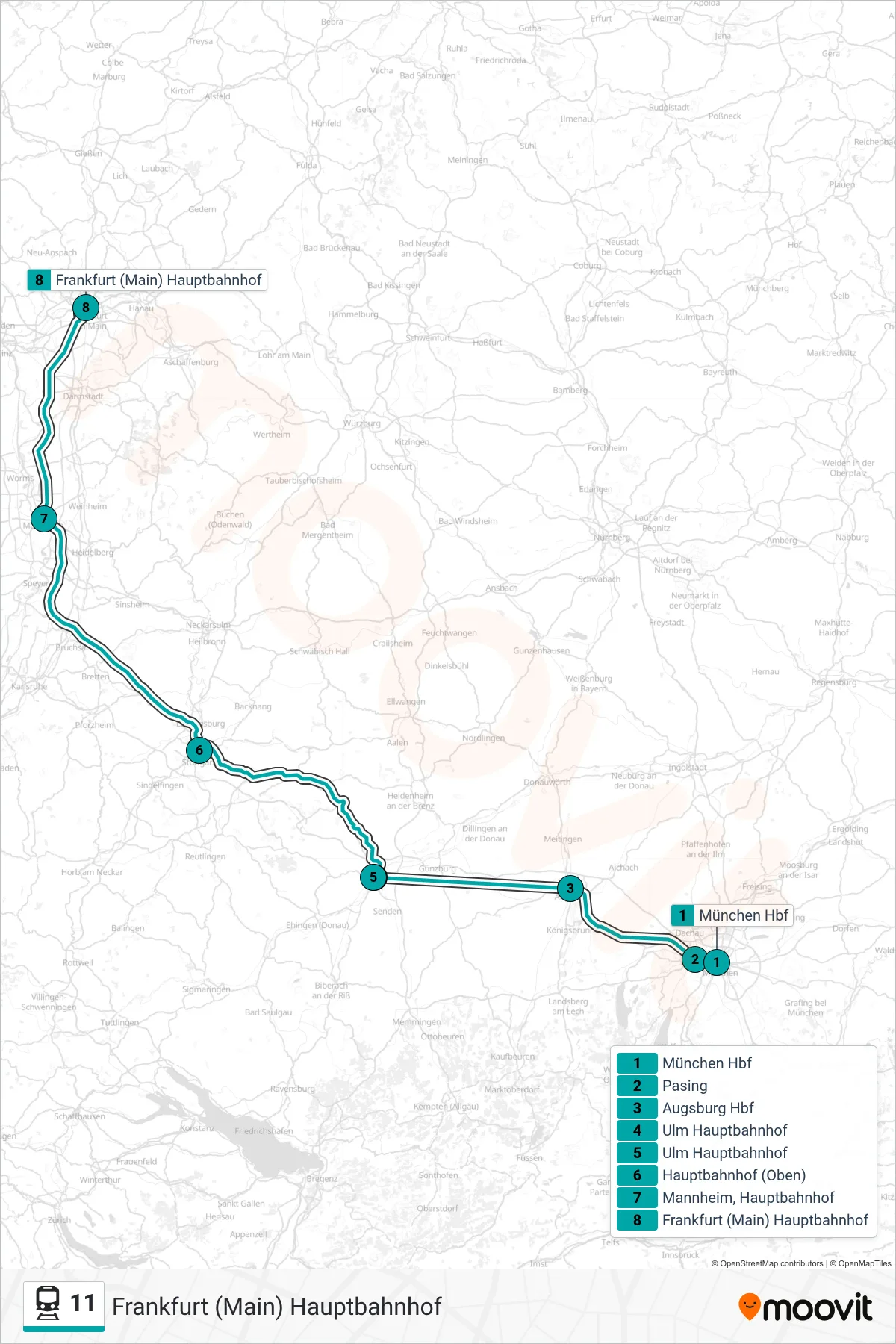 Linie 11 (Bahn) Richtung Frankfurt (Main) Hauptbahnhof: Route und Haltestellen auf der Karte