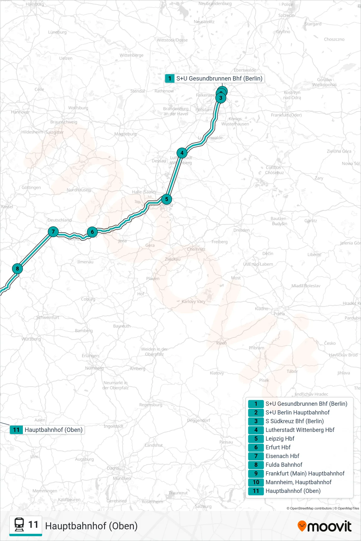 Linie 11 (Bahn) Richtung Hauptbahnhof (Oben): Route und Haltestellen auf der Karte