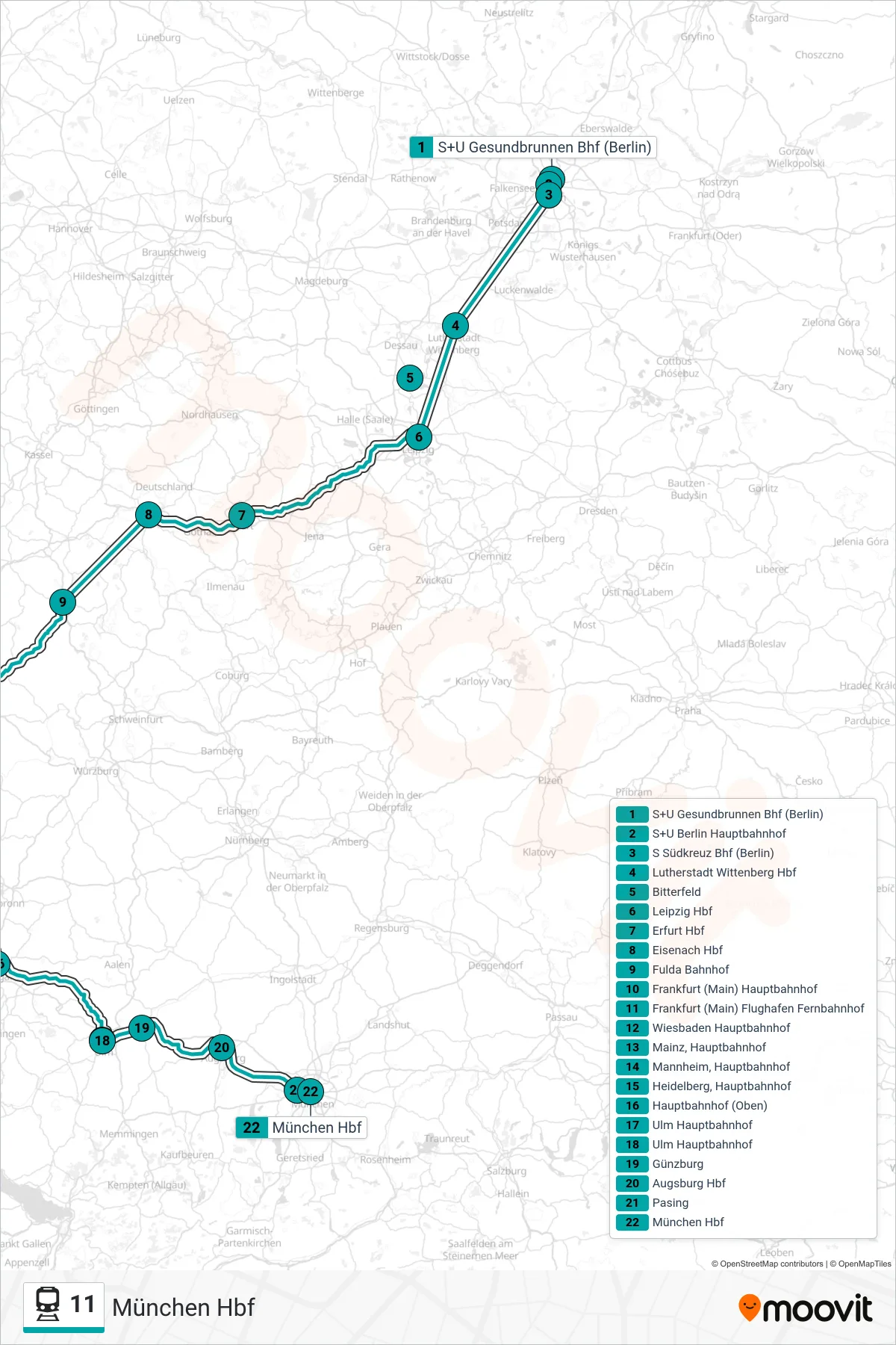11 train Line (München Hbf) route and stops on a map