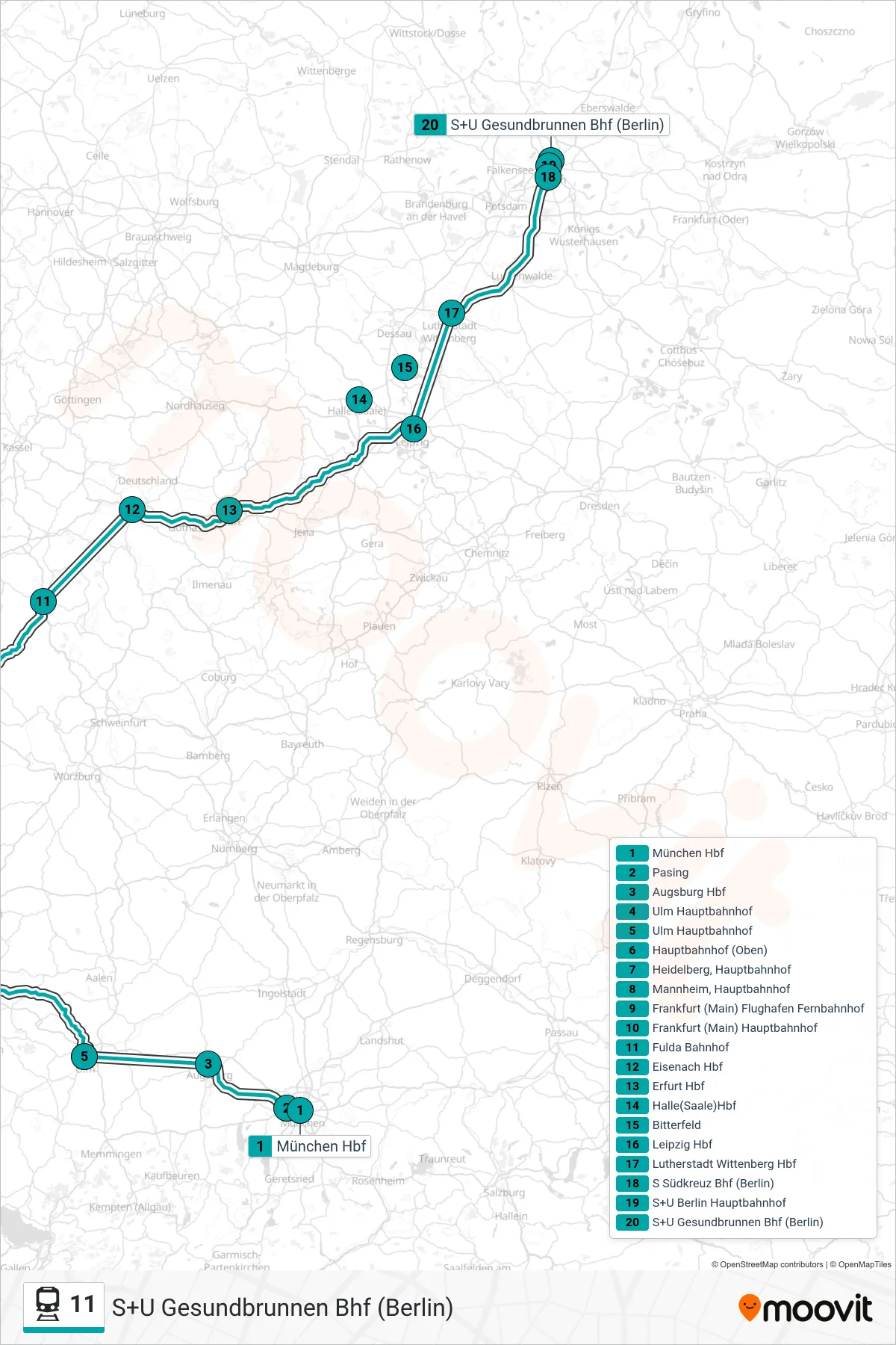 11 train Line (S+U Gesundbrunnen Bhf (Berlin)) route and stops on a map