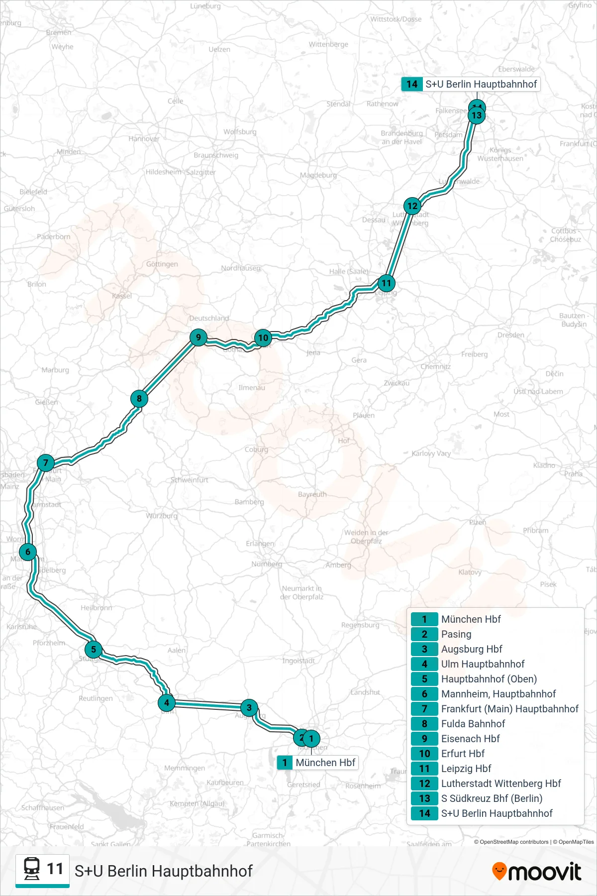 11 train Line (S+U Berlin Hauptbahnhof) route and stops on a map