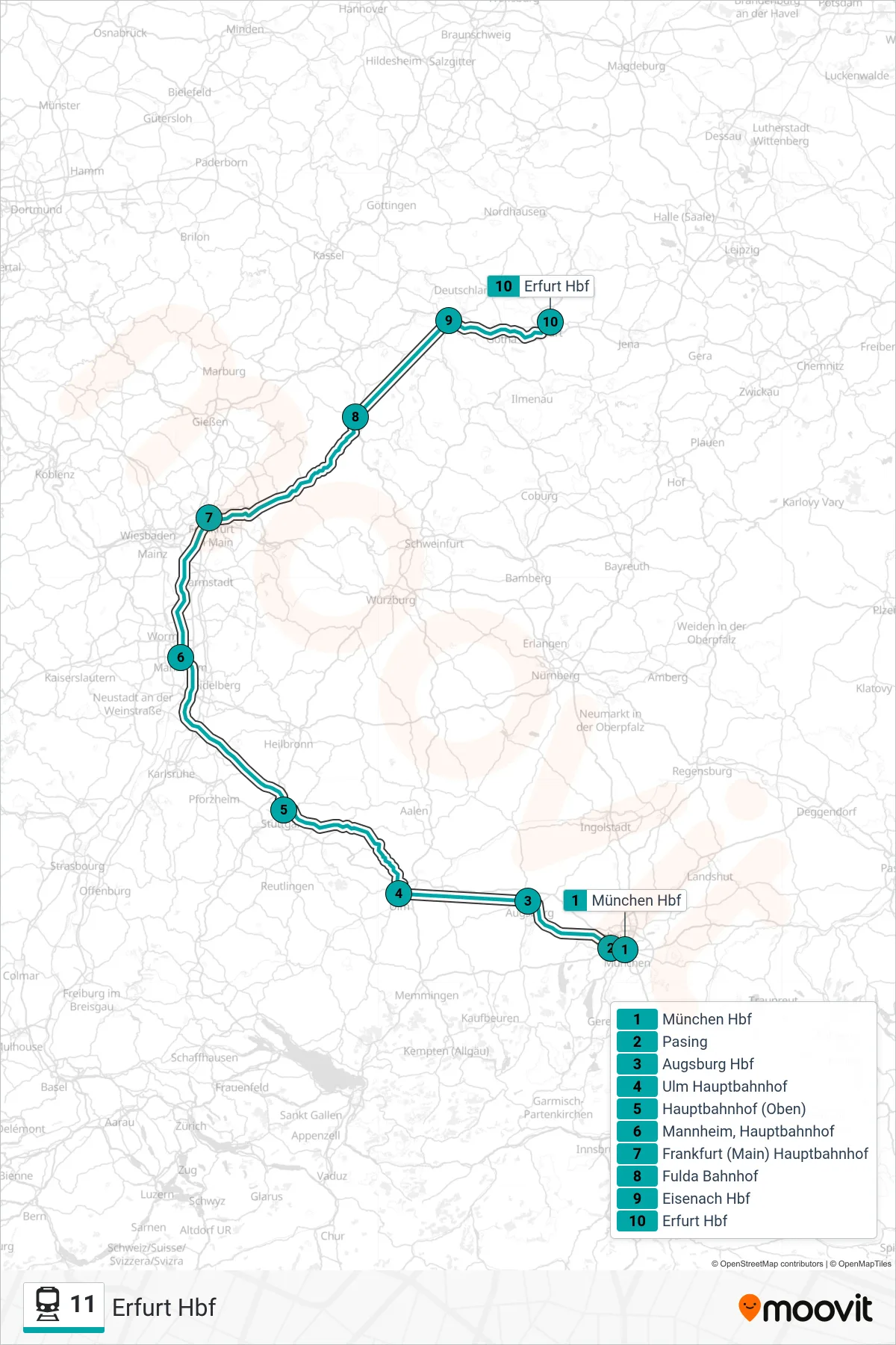 11 train Line (Erfurt Hbf) route and stops on a map