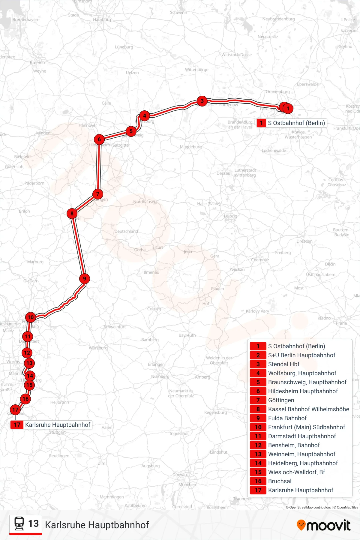 13 train Line (Karlsruhe Hauptbahnhof) route and stops on a map