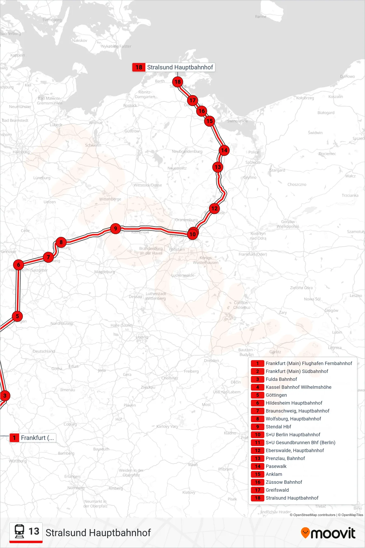 13 train Line (Stralsund Hauptbahnhof) route and stops on a map