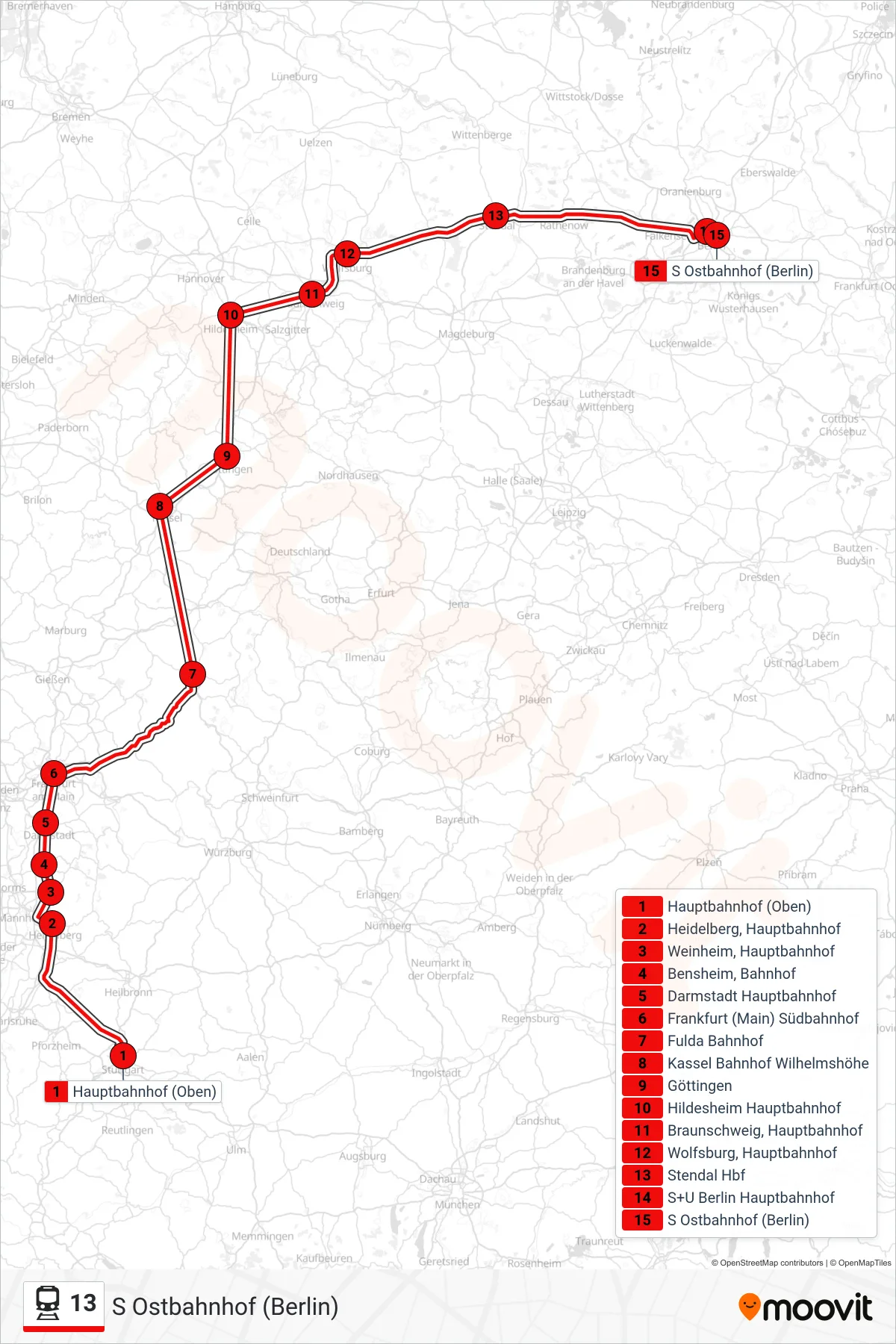 13 train Line (S Ostbahnhof (Berlin)) route and stops on a map