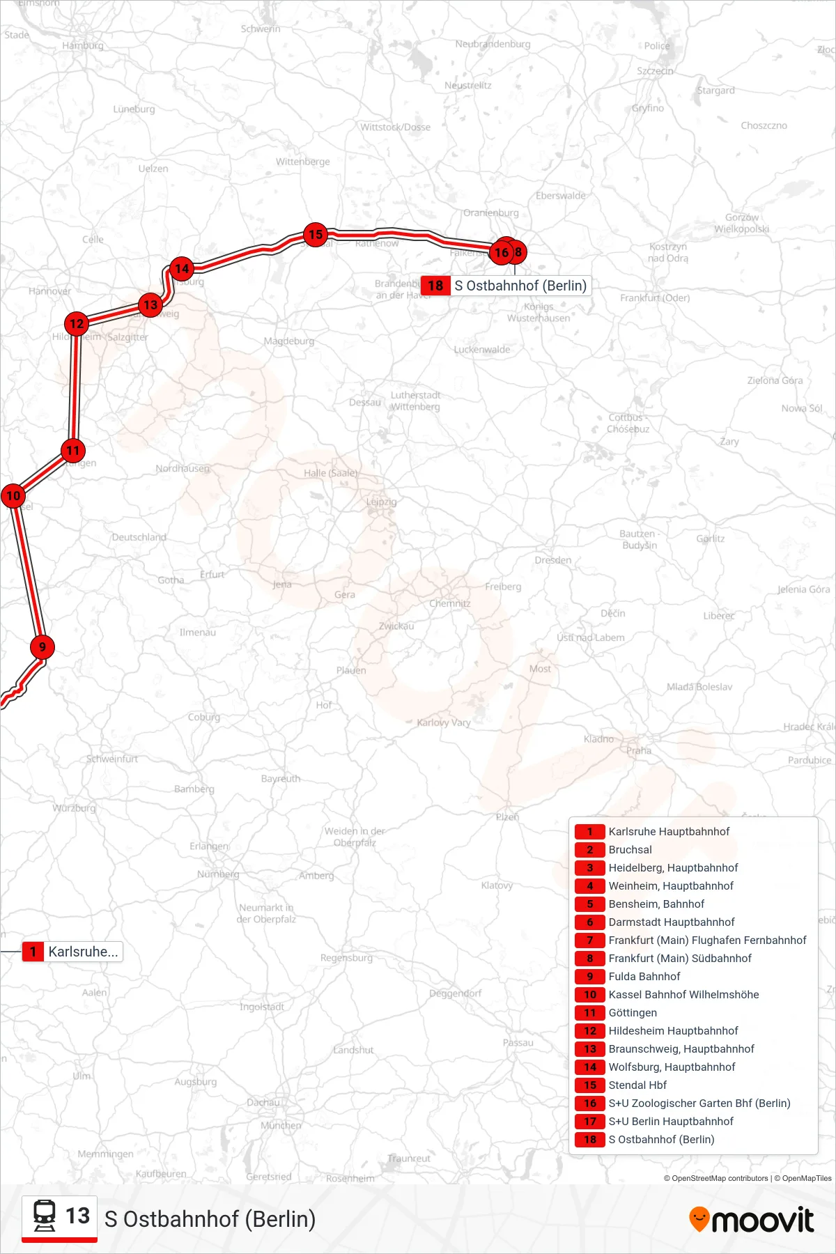 13 rail Line (S Ostbahnhof (Berlin)) route and stops on a map