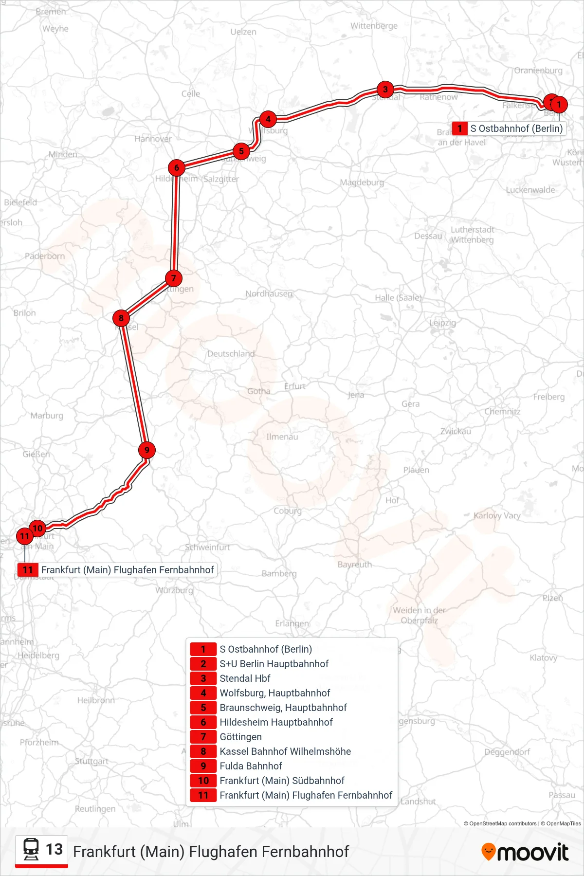 13 train Line (Frankfurt (Main) Flughafen Fernbahnhof) route and stops on a map
