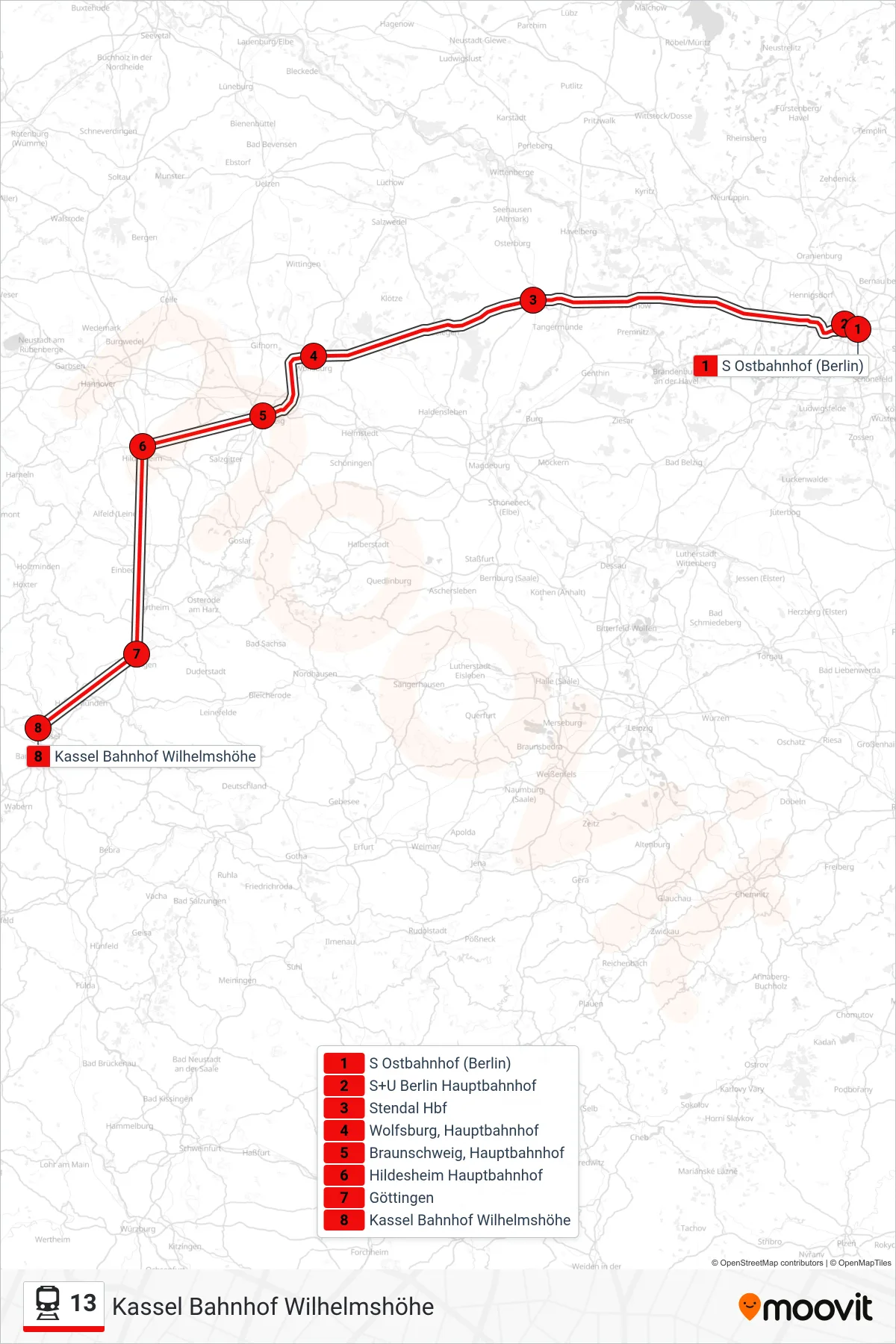 13 train Line (Kassel Bahnhof Wilhelmshöhe) route and stops on a map