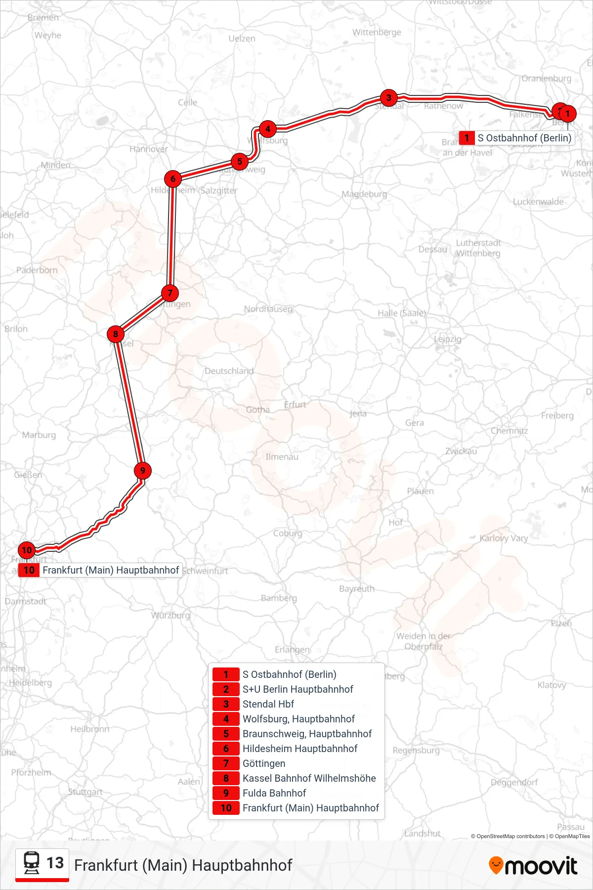Linie 13 (Bahn) Richtung Frankfurt (Main) Hauptbahnhof: Route und Haltestellen auf der Karte