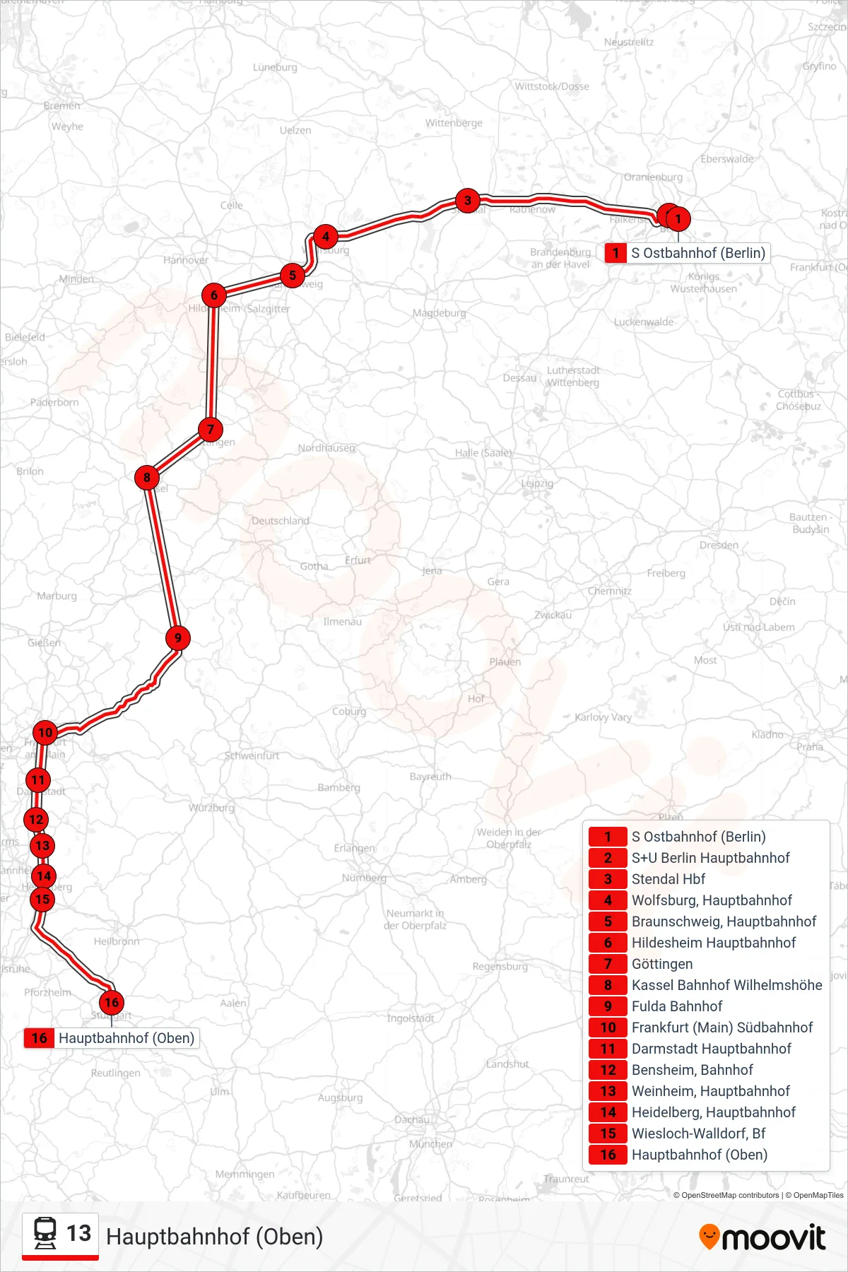 13 train Line (Hauptbahnhof (Oben)) route and stops on a map