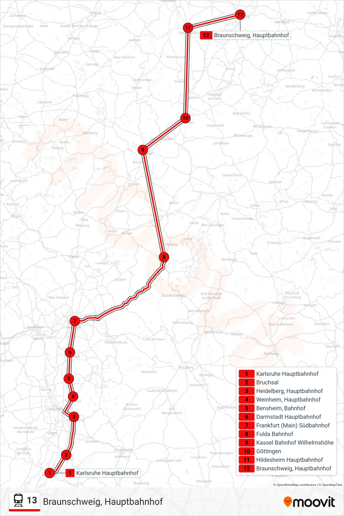13 train Line (Braunschweig, Hauptbahnhof) route and stops on a map